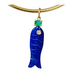 14k Gold Perfect Poisson Lapis Fish Pendant with Emerald & Diamond