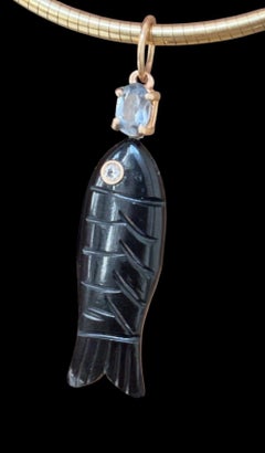 Pendentif Poisson parfait en or 14k, Onyx noir avec diamant et spinelle
