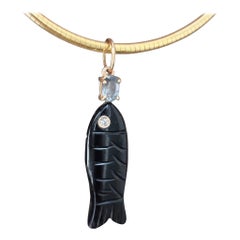 Pendentif Poisson parfait en or 14k, Onyx noir avec diamant et spinelle