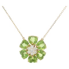 Collier fleur en or 14K avec péridot et diamant - 42cm