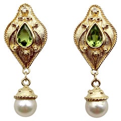 14K Gold Peridot and Diamond Renaissance Revival Earrings