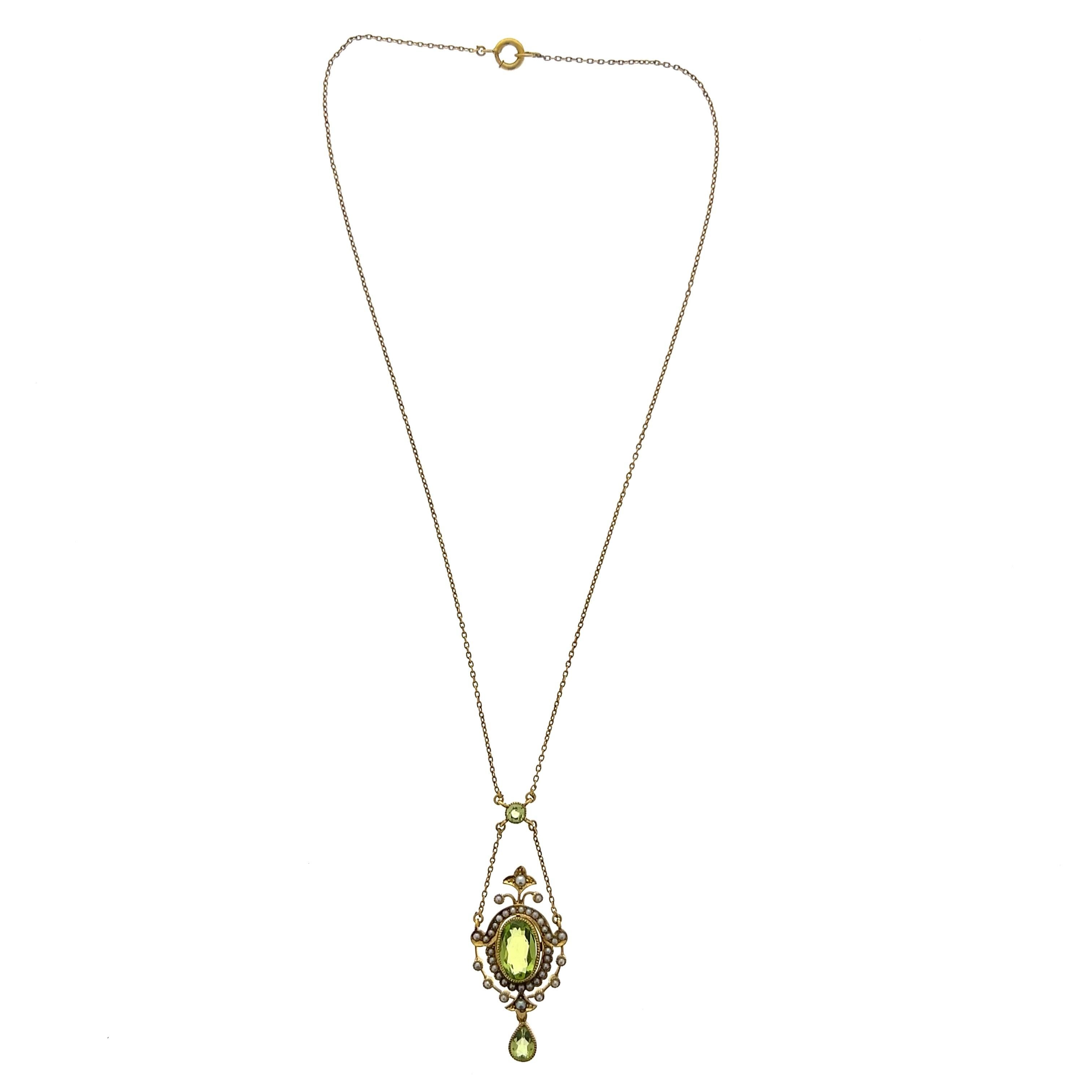 Women's or Men's 14k Gold Peridot and Pearl Edwardian Necklace