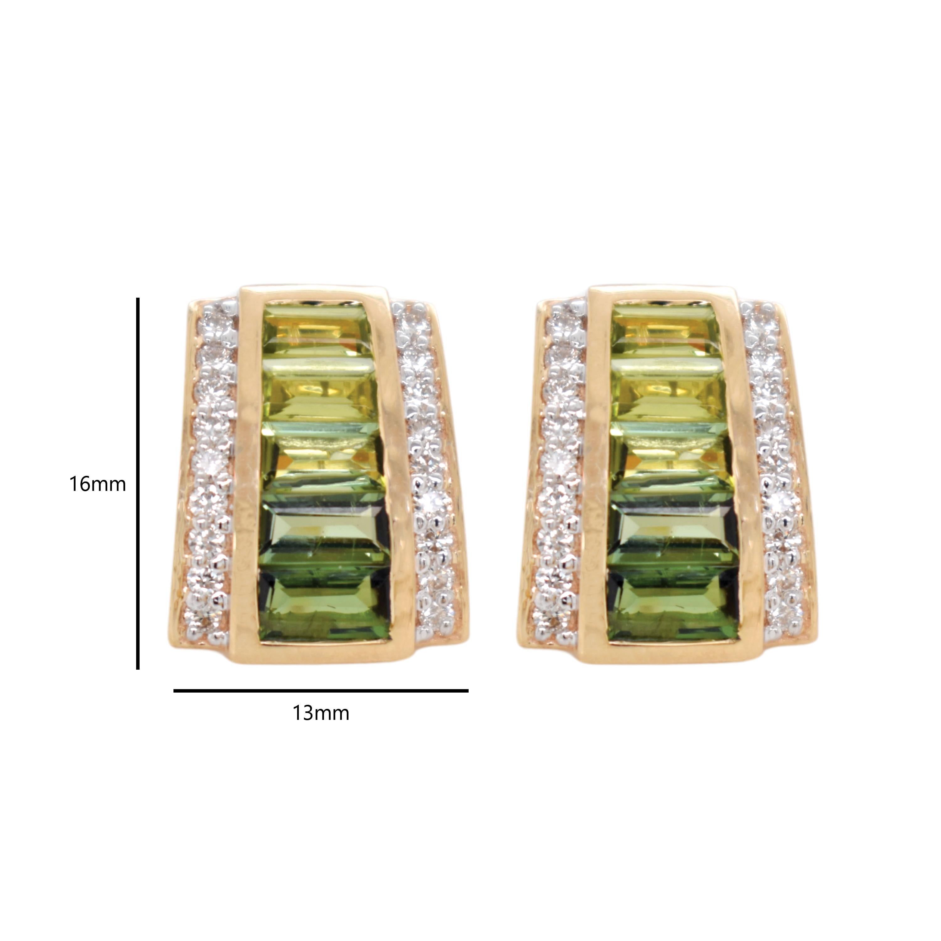 Contemporary 14K Gold Peridot Green Tourmaline Art Deco Pyramid Diamond Pendant Earrings Set For Sale