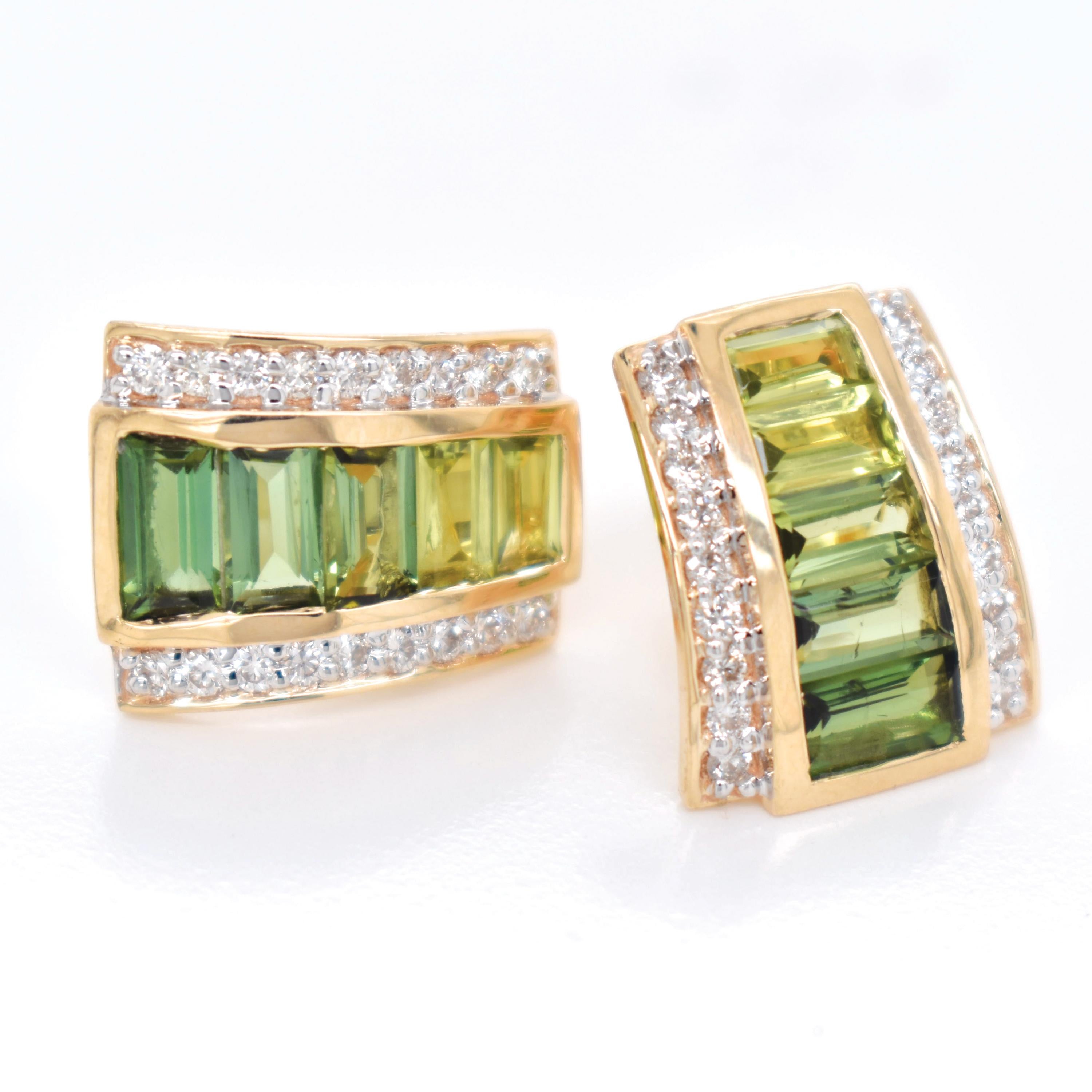 Women's 14K Gold Peridot Green Tourmaline Art Deco Pyramid Diamond Pendant Earrings Set For Sale