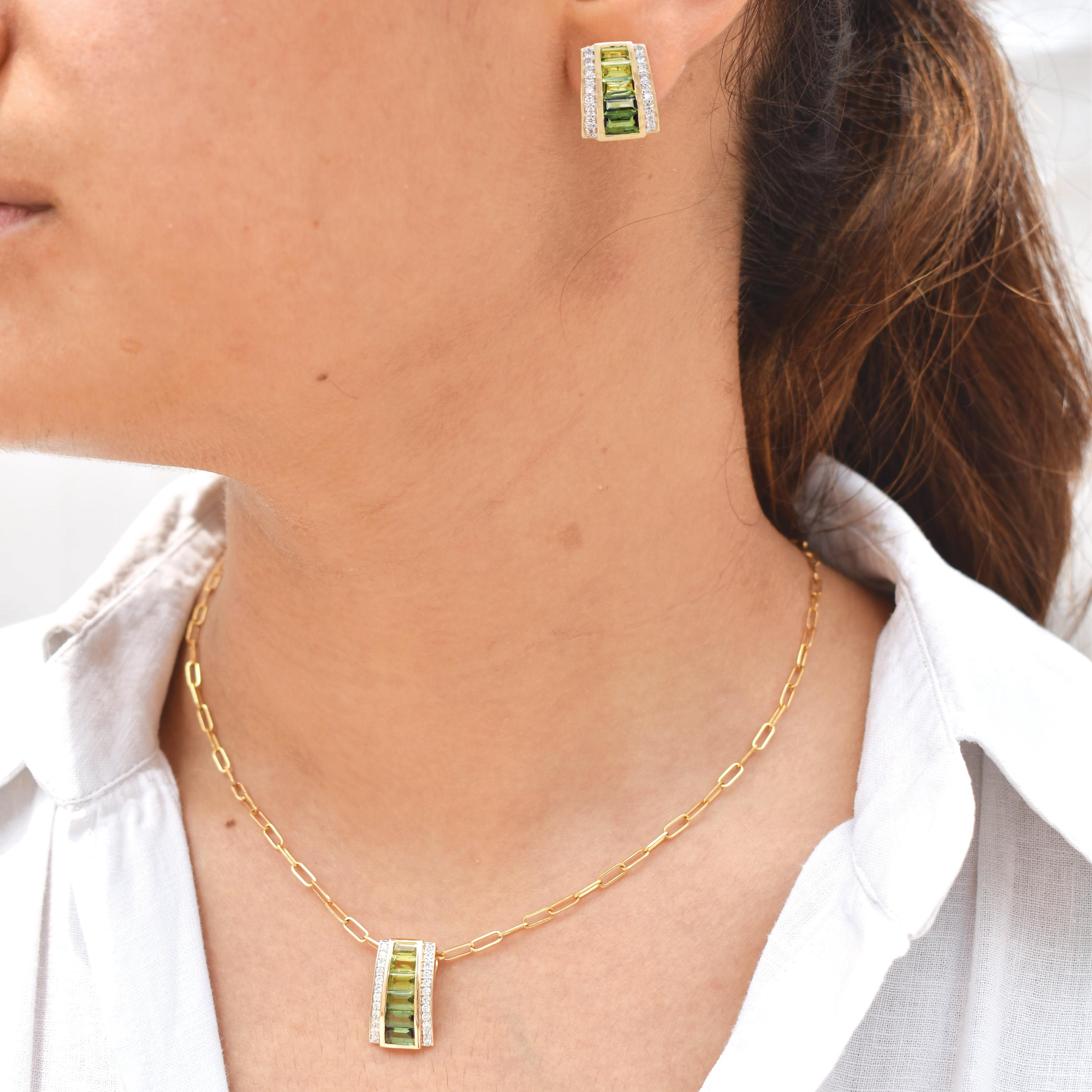 14K Gold Peridot Green Tourmaline Art Deco Pyramid Diamond Pendant Earrings Set For Sale 1