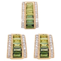 14K Gold Peridot Green Tourmaline Art Deco Pyramid Diamond Pendant Earrings Set