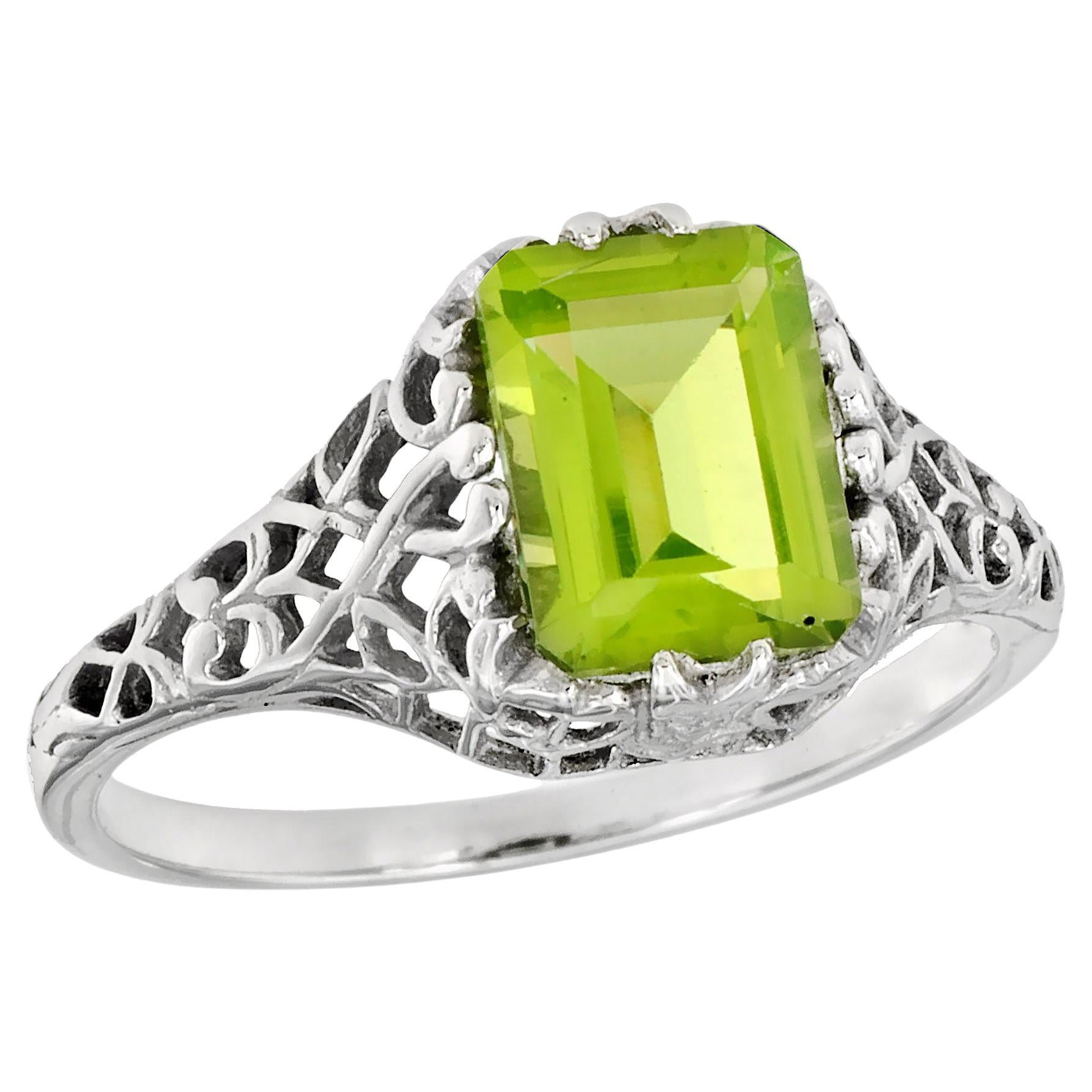 14K White Gold Peridot Vintage Style Filigree Engagement Ring For Sale