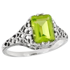 14K White Gold Peridot Vintage Style Filigree Engagement Ring