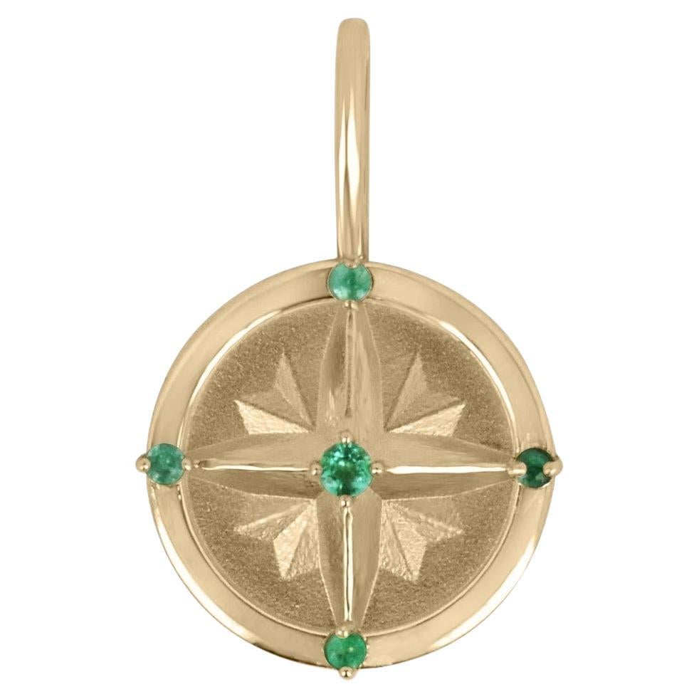 14K Gold Petite Natural Round Emerald Compass Directional Pendant Charm Necklace