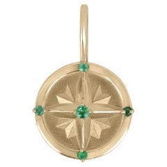 14K Gold Petite Natural Round Emerald Compass Directional Pendant Charm Necklace