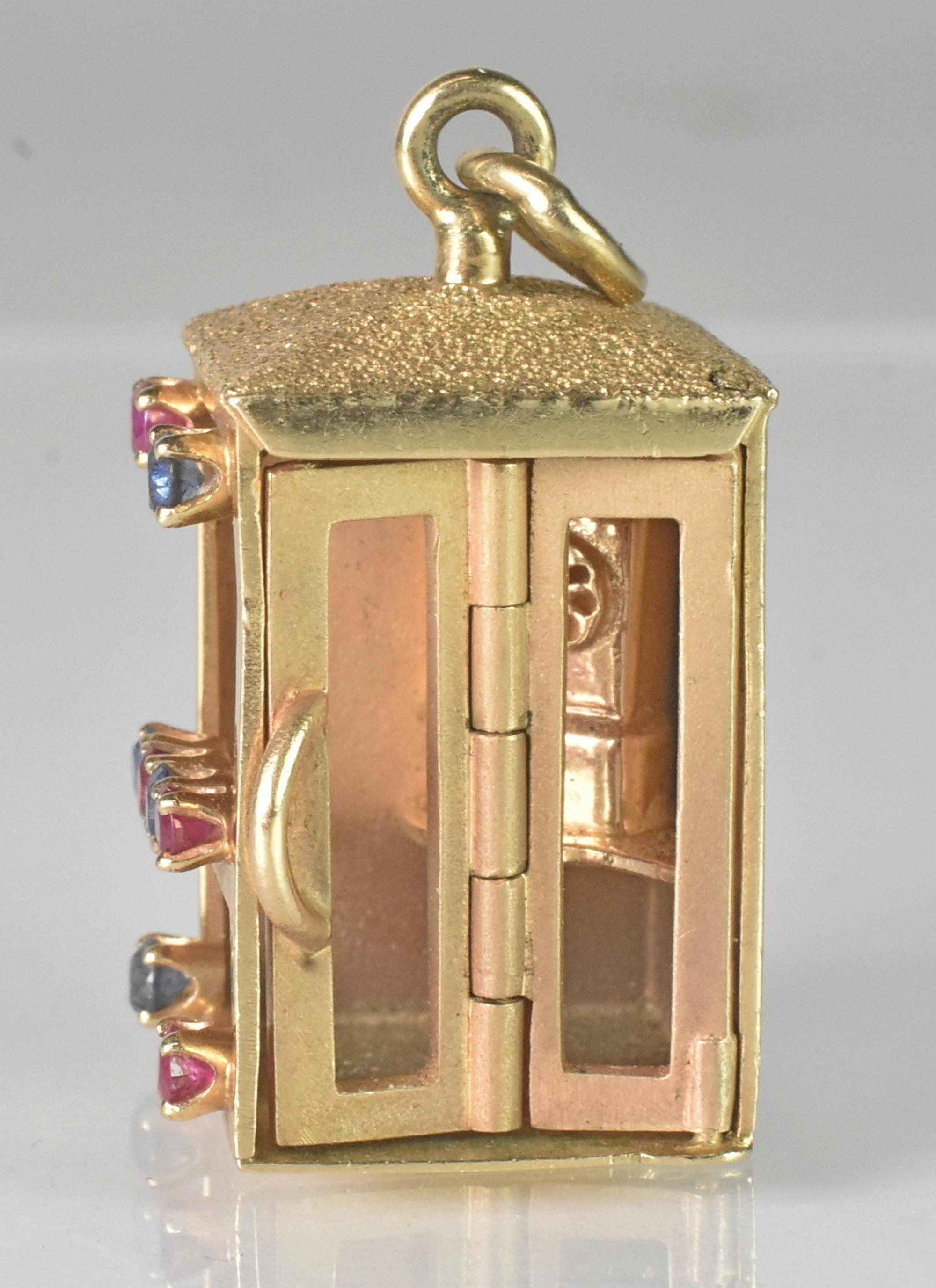 14k Gold Phonebooth Charm Pendant with Gems by Dankner In Good Condition For Sale In Toledo, OH