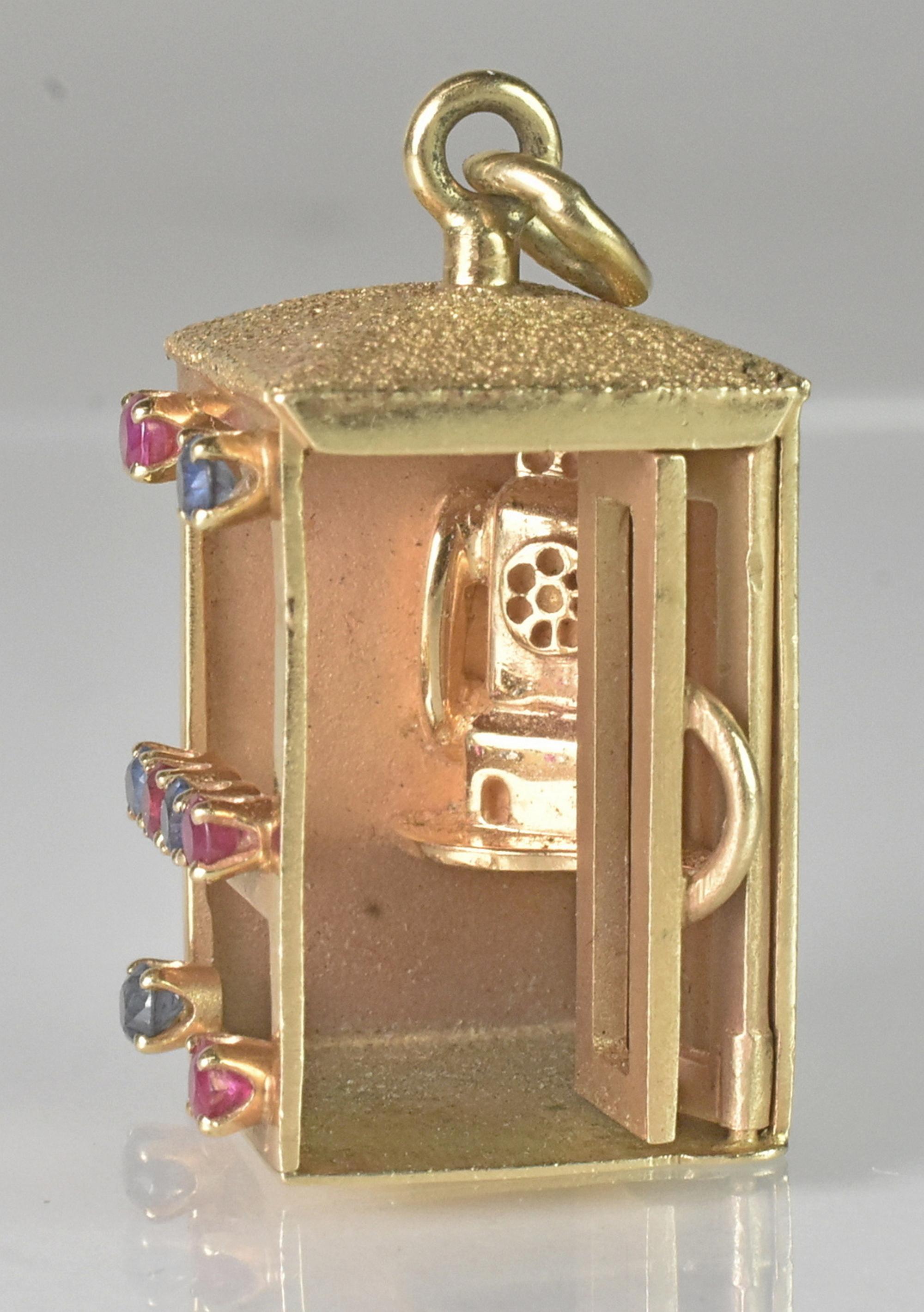 20th Century 14k Gold Phonebooth Charm Pendant with Gems by Dankner For Sale