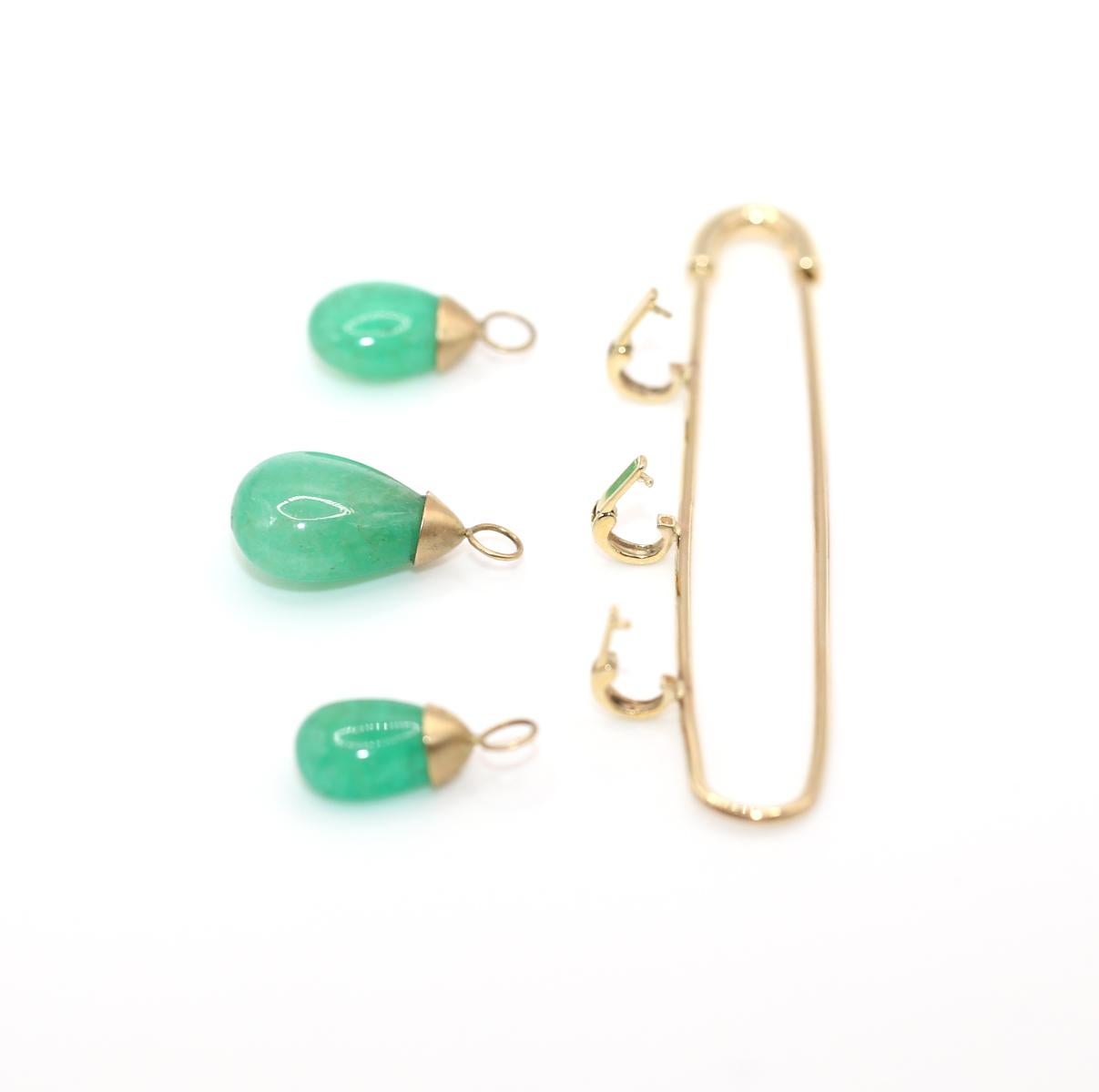 14K Gold Pin With Three Detachable Emerald Drops, 1950 For Sale 7