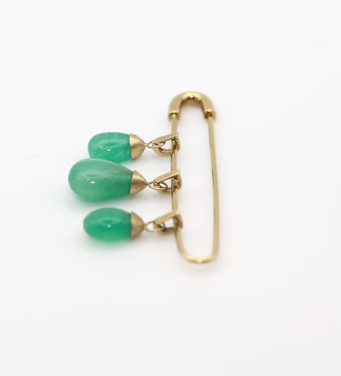 Women's or Men's 14K Gold Pin With Three Detachable Emerald Drops, 1950 For Sale