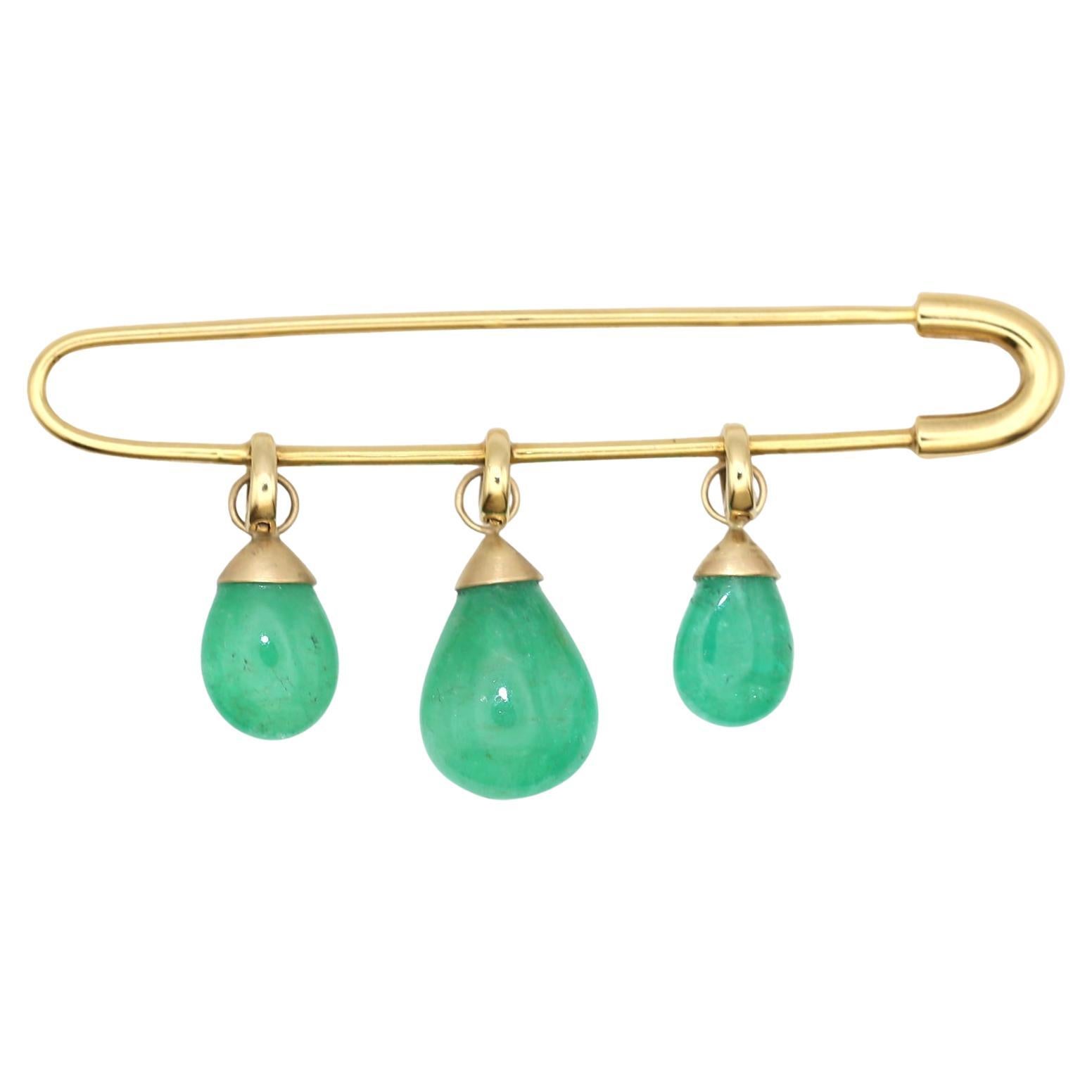 14K Gold Pin With Three Detachable Emerald Drops, 1950 For Sale