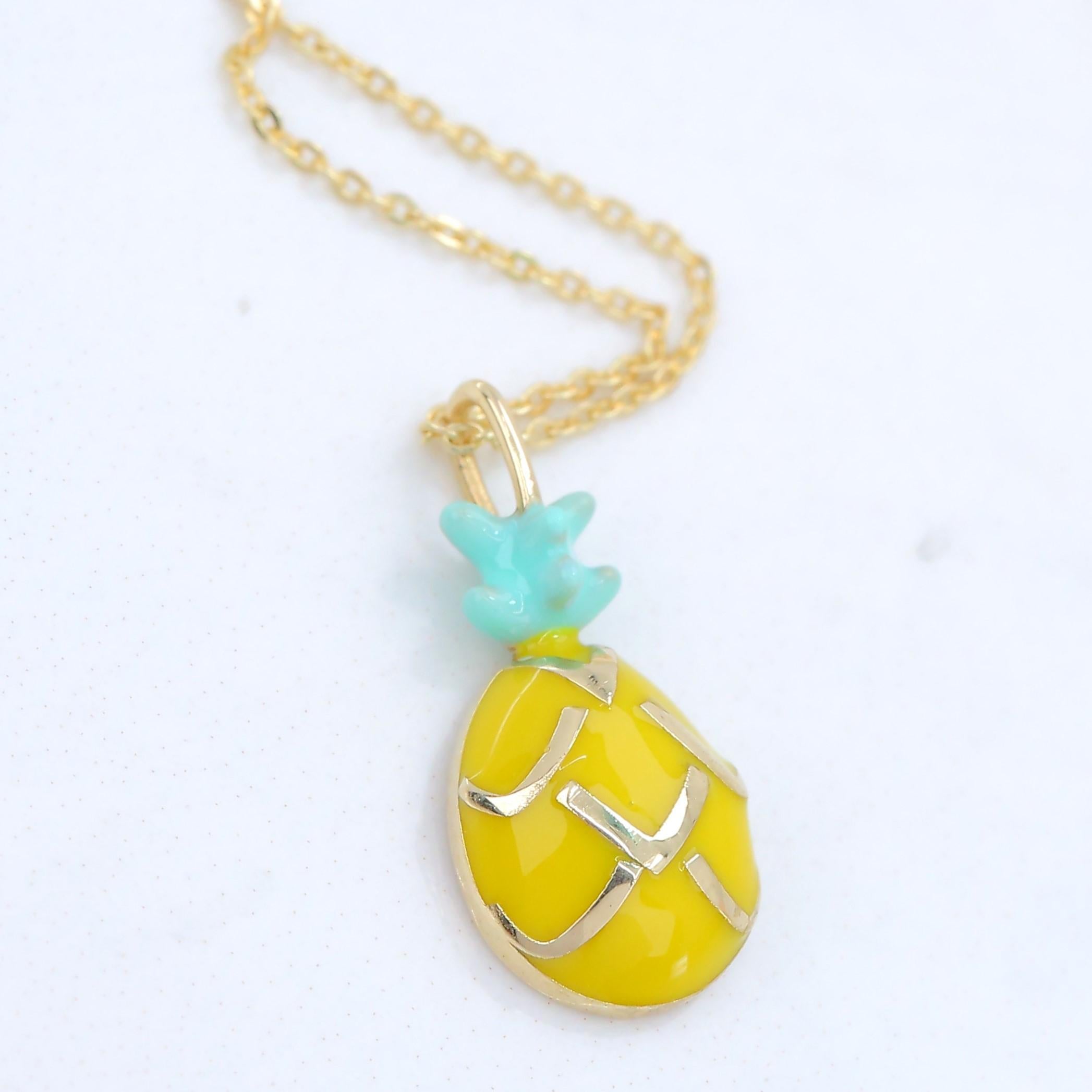 Modern 14K Gold Pineapple Necklace, Enamel Fruit Necklace For Sale