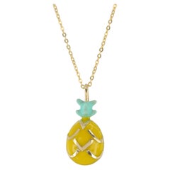 14K Gold Pineapple Necklace, Enamel Fruit Necklace