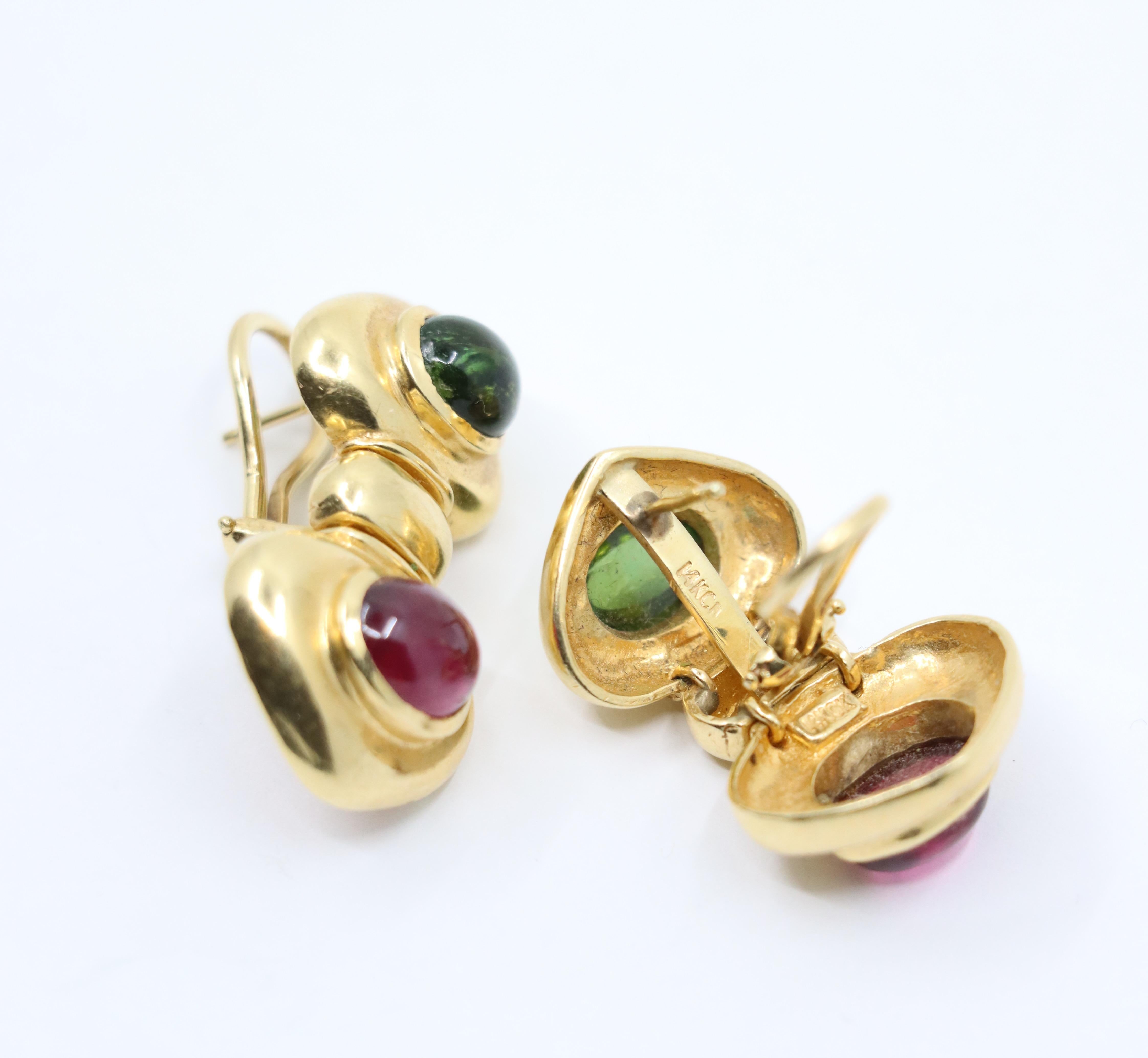 Orecchino in oro 14K con tormalina rosa e verde in vendita 5