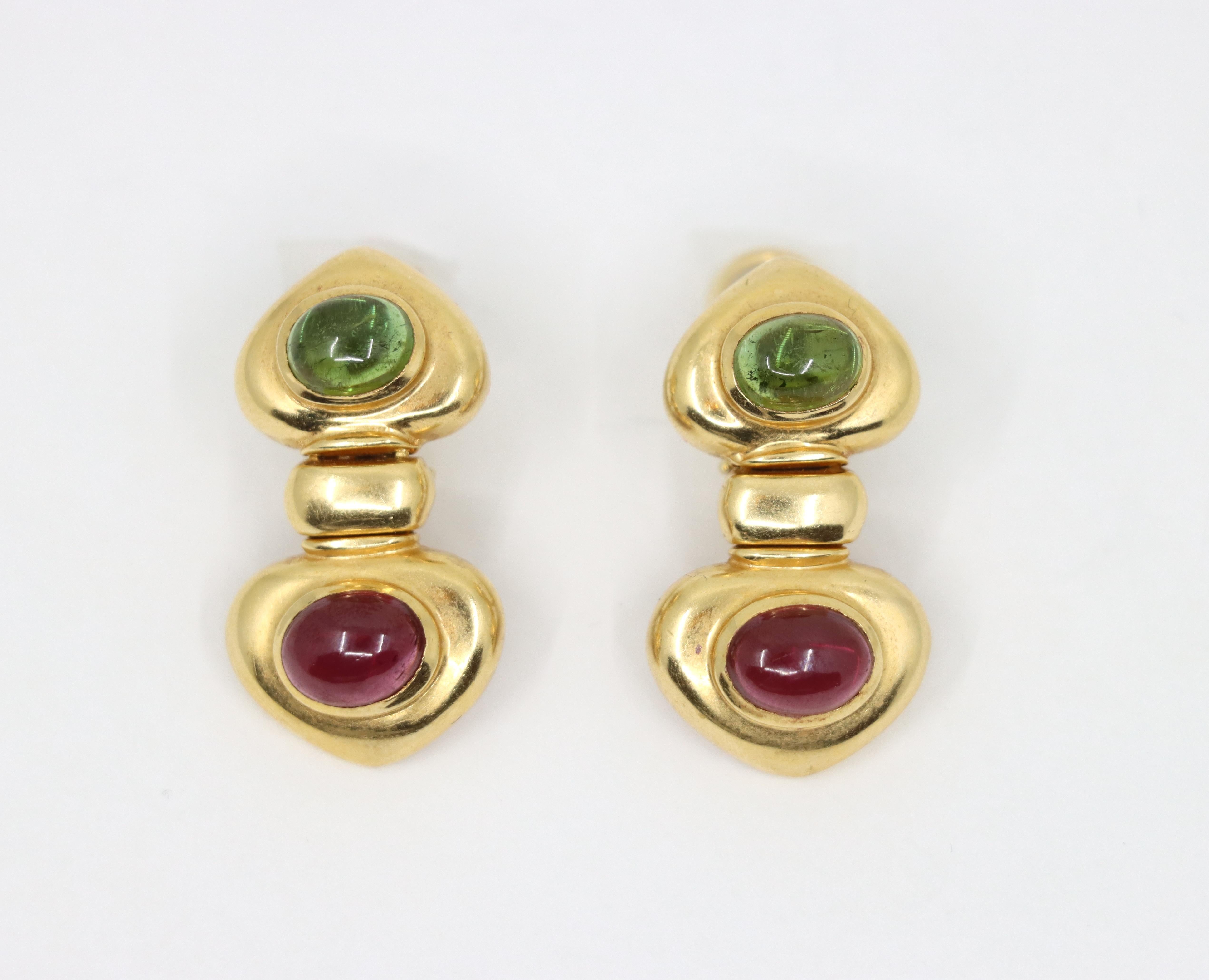 Taglio rotondo Orecchino in oro 14K con tormalina rosa e verde in vendita