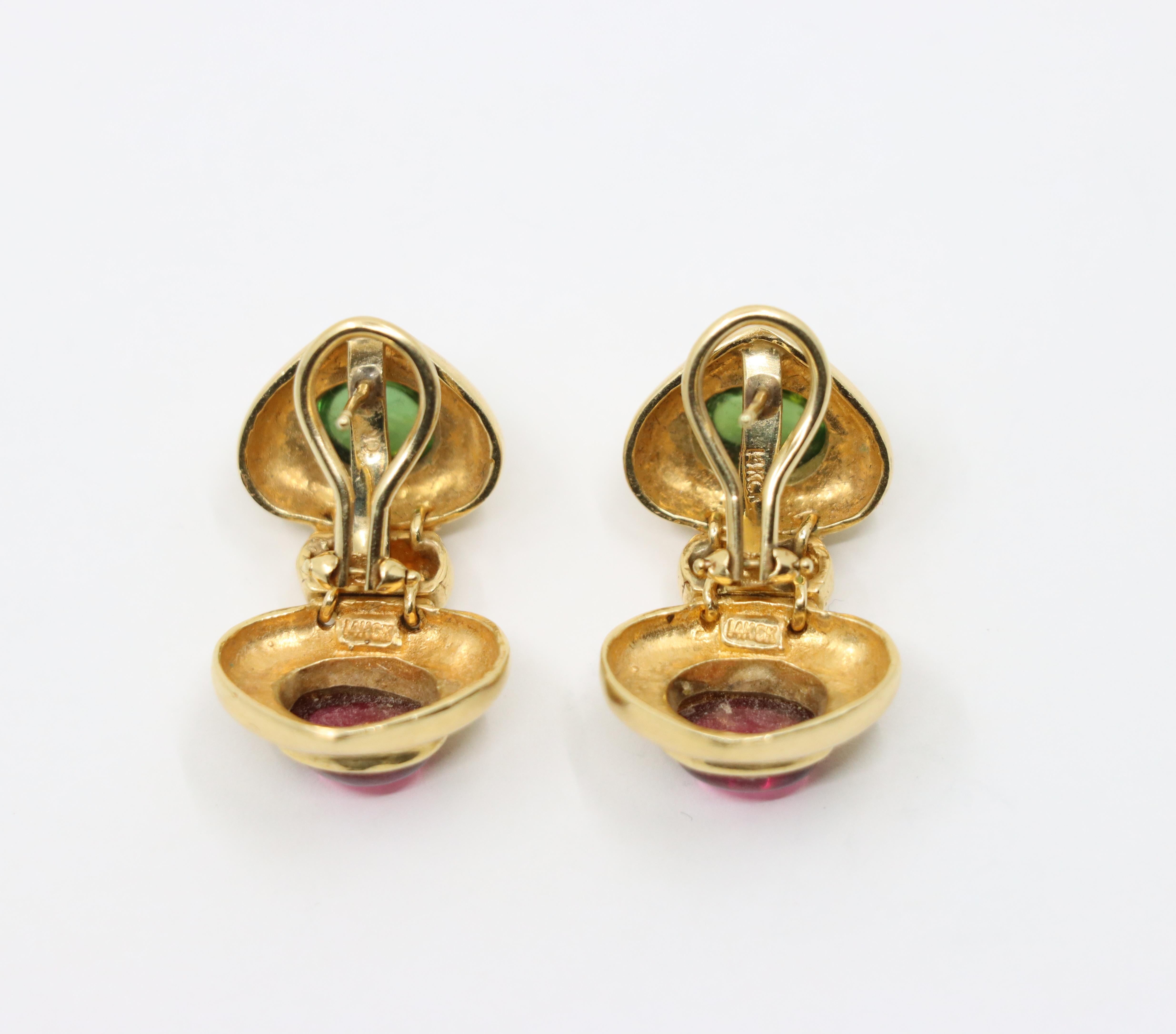 Orecchino in oro 14K con tormalina rosa e verde in vendita 4