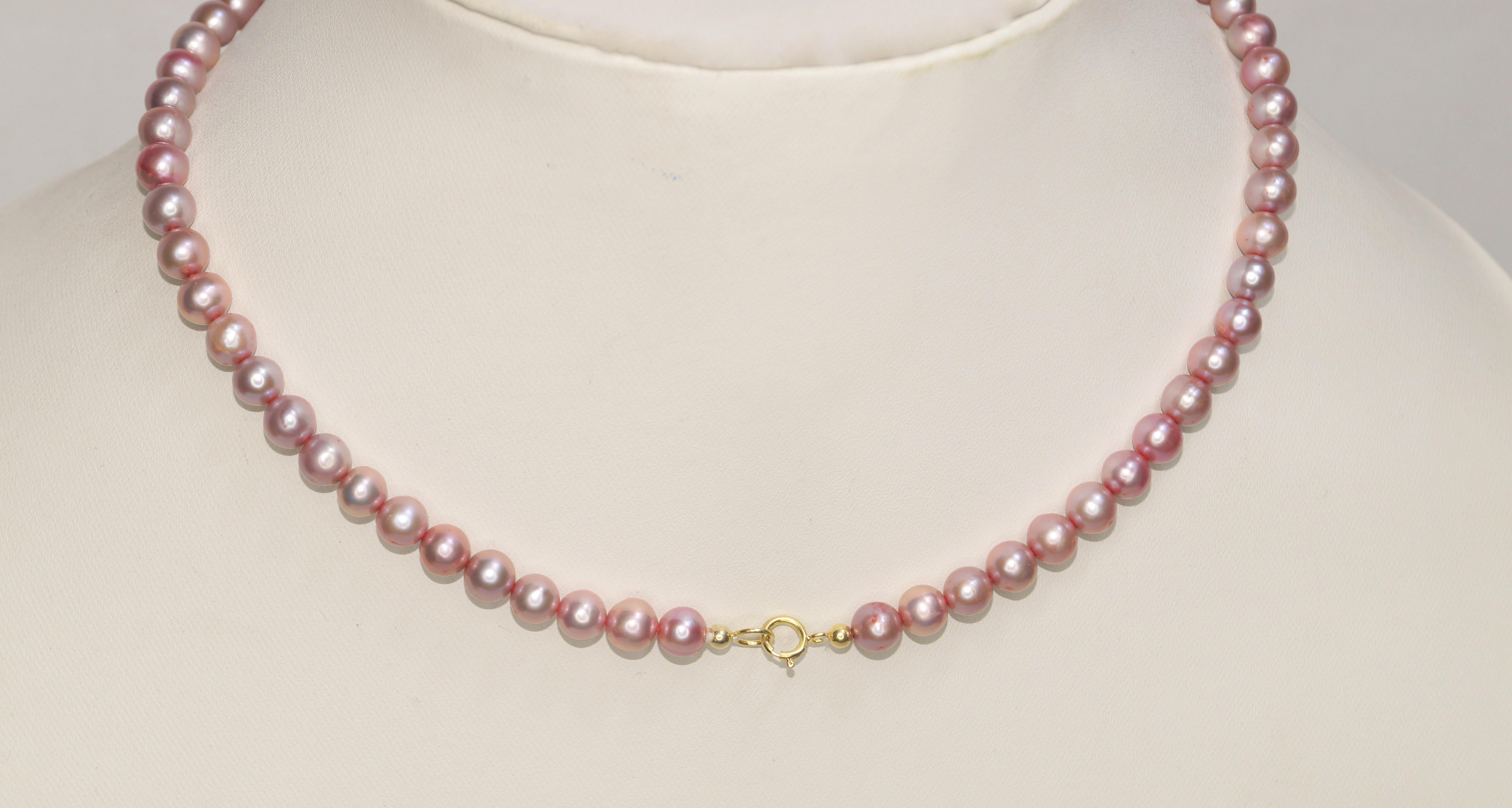 Victorian 14k solid Gold Rare Pink Pearl necklace 7mm Freshwater wedding Party necklace  For Sale