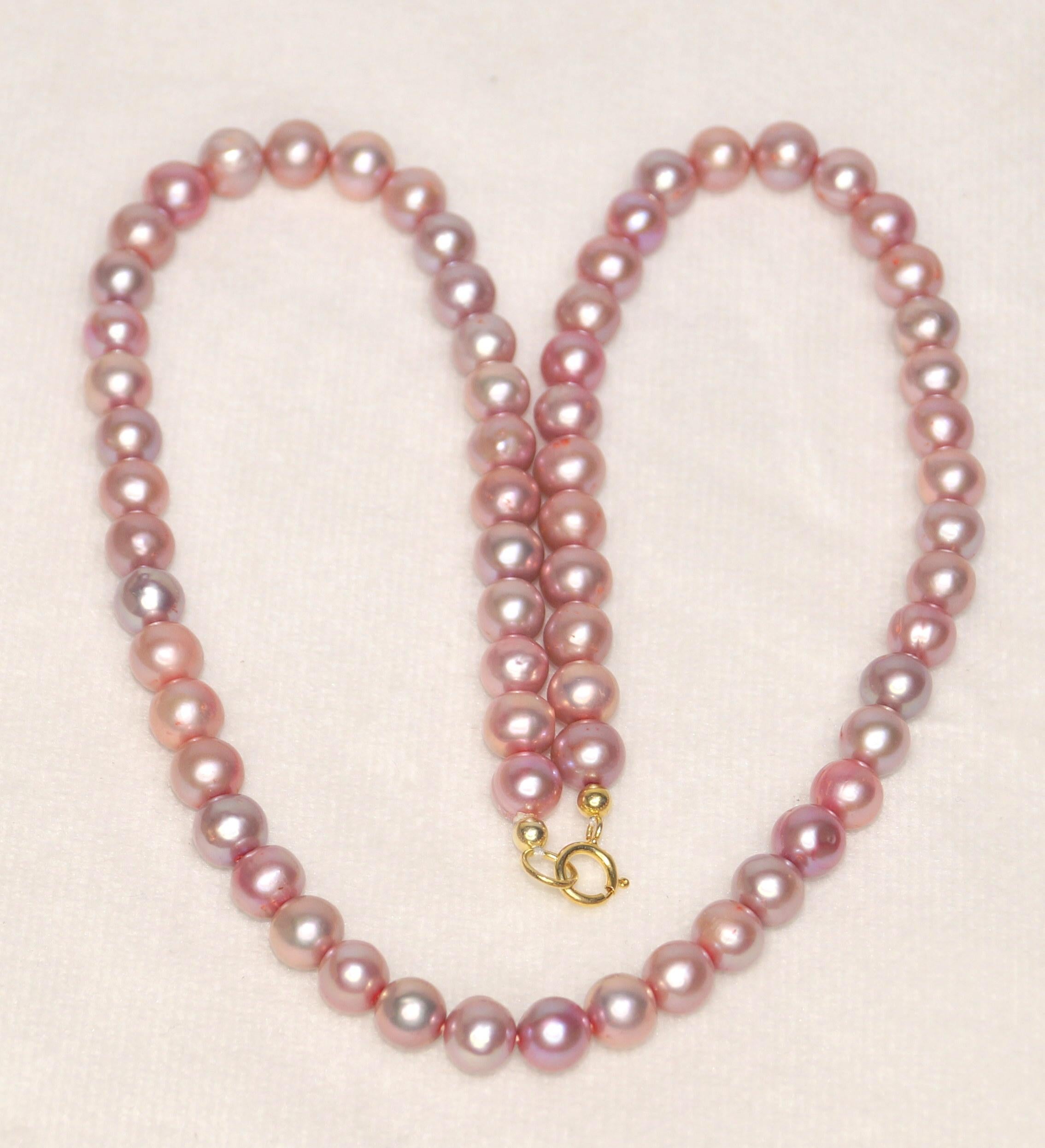 Bead 14k solid Gold Rare Pink Pearl necklace 7mm Freshwater wedding Party necklace  For Sale