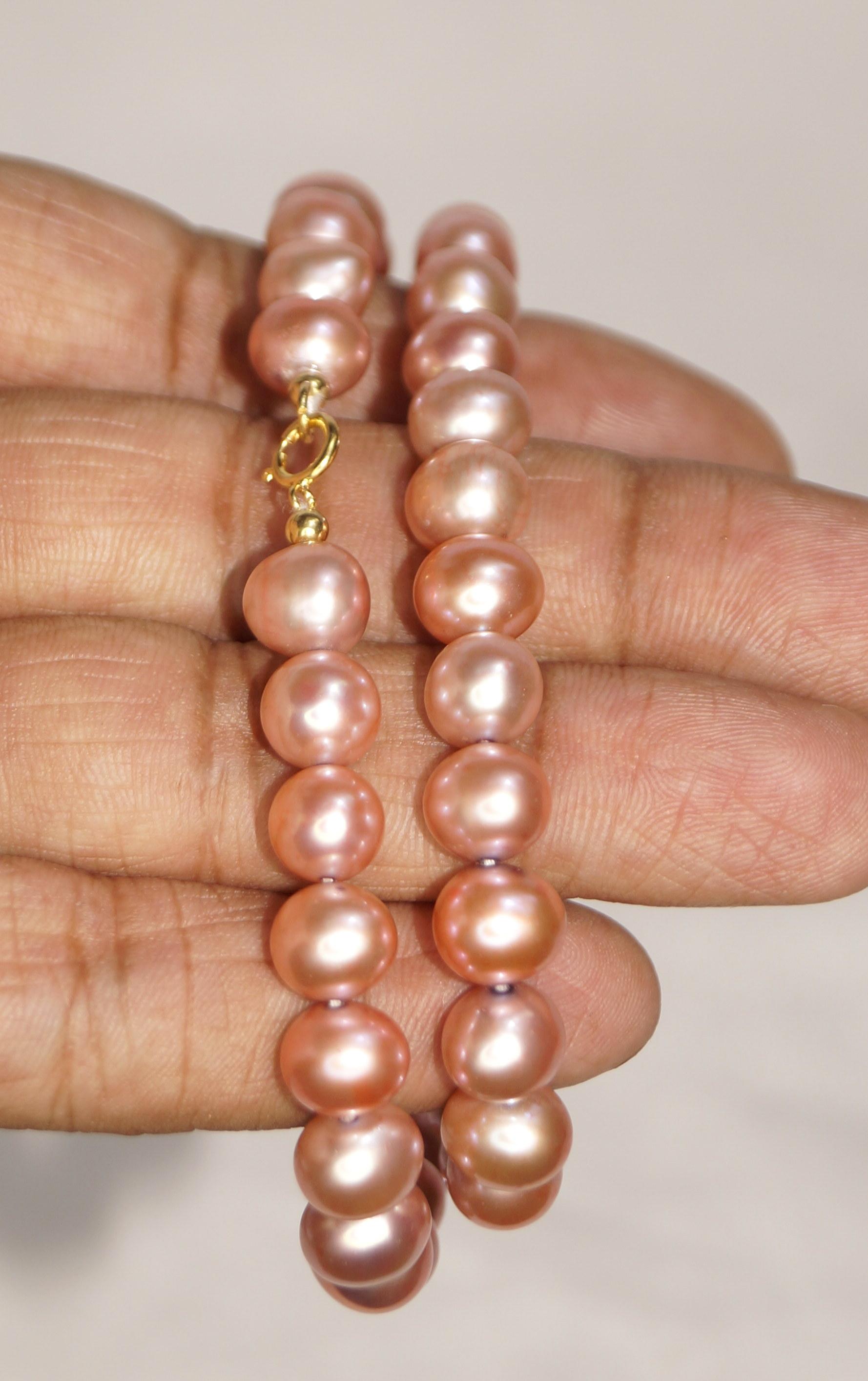 Bead 14k Gold Pink Pearl necklace 8.5mm Freshwater AA+ Pink Pearl Party necklace  For Sale