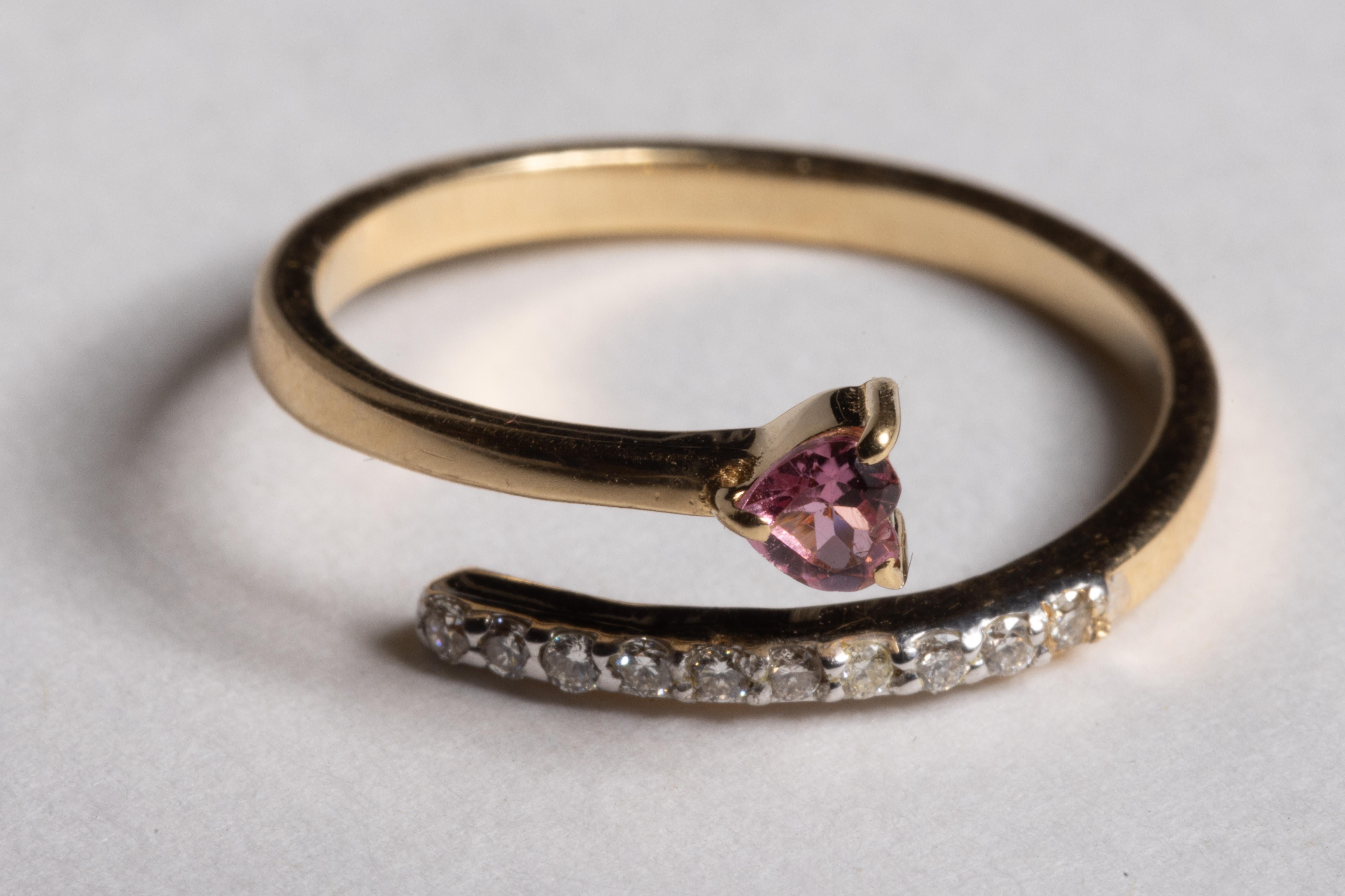 Heart Cut 14K Gold Pink Sapphire and Diamond Coil Band Ring For Sale