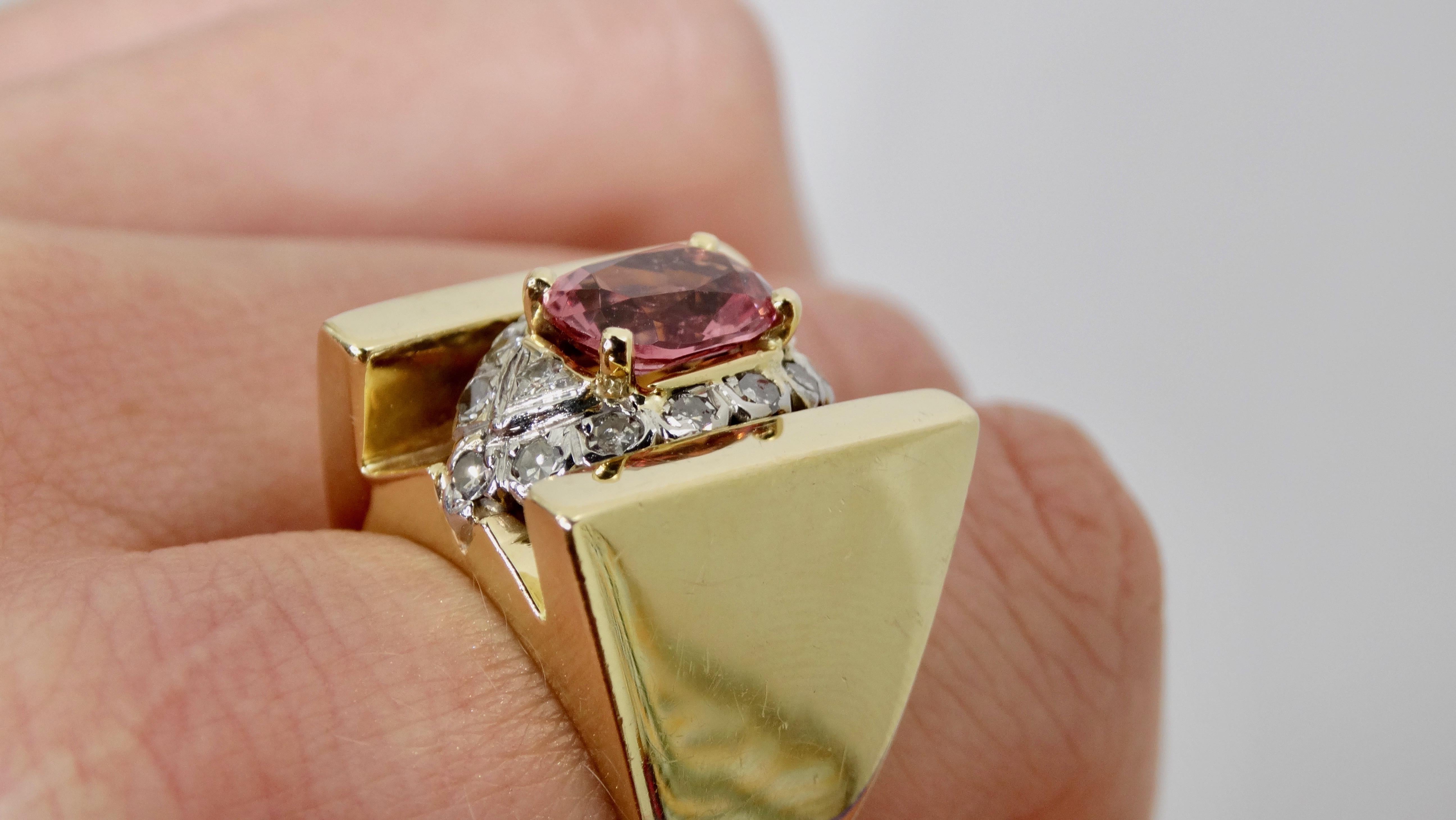 Women's or Men's  Pink Tourmaline & Diamond Cluster Ring  For Sale