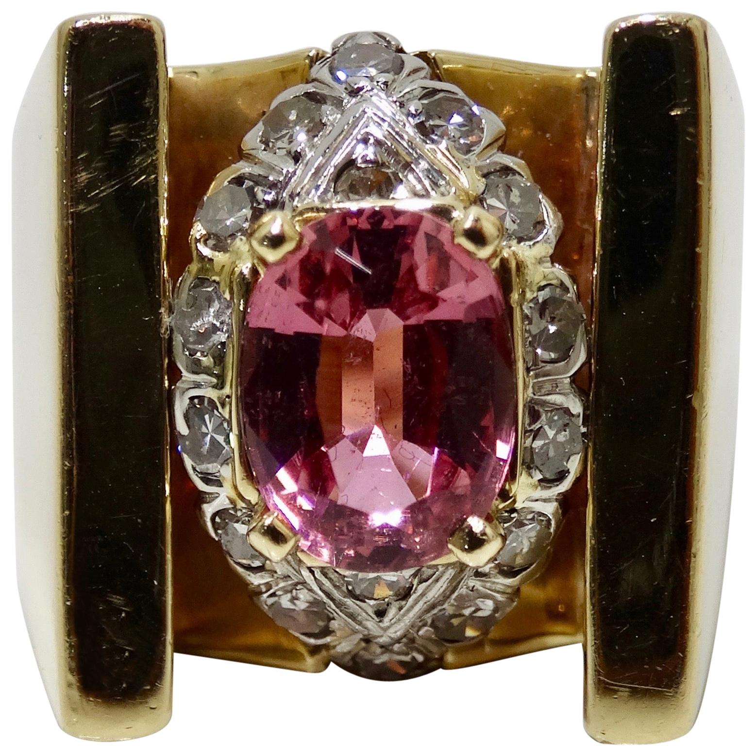  Pink Tourmaline & Diamond Cluster Ring  For Sale