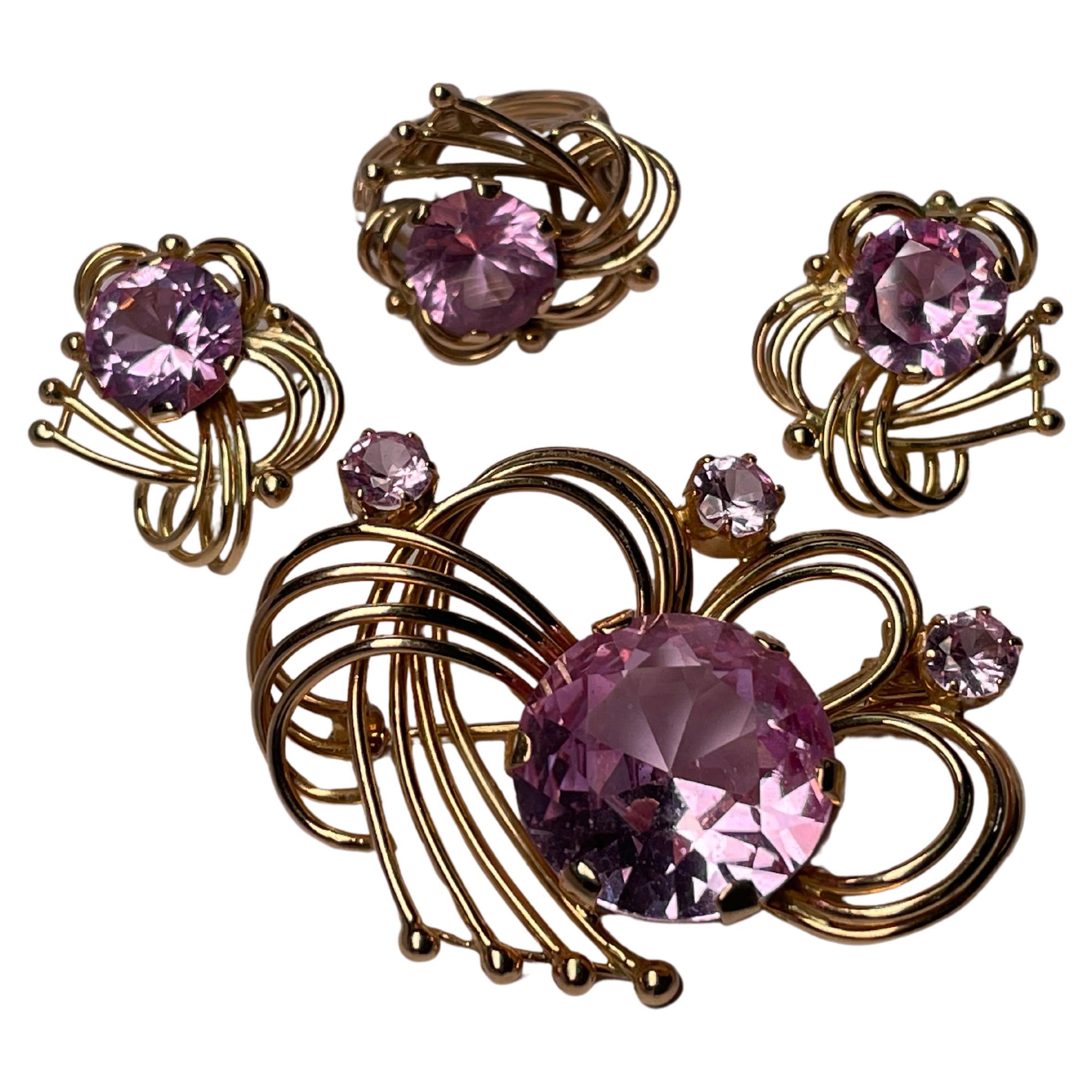 Retro Style 14K Gold Pink Sapphires Parure