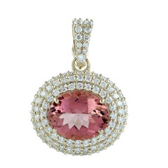 14K Gold Pink Tourmaline Diamond Double Halo Pendant