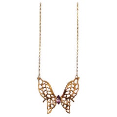 14k Gold Plated Butterfly Filigree Pendent Necklace With Purple Crystal Accent