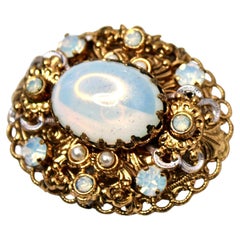 14k Gold Plated Filigree Costume Opal Stone Brooch circa 1970s