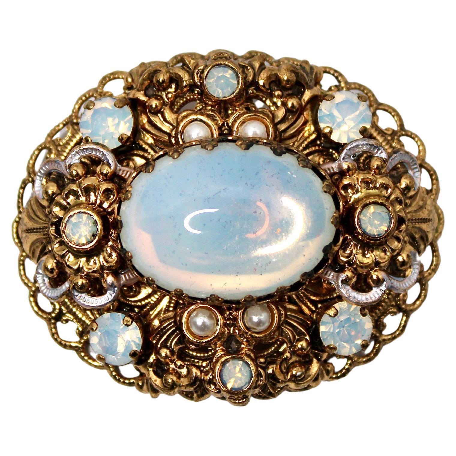 14k Gold vergoldet Filigran Kostüm Opal Stone Brosche circa 1970er Jahre