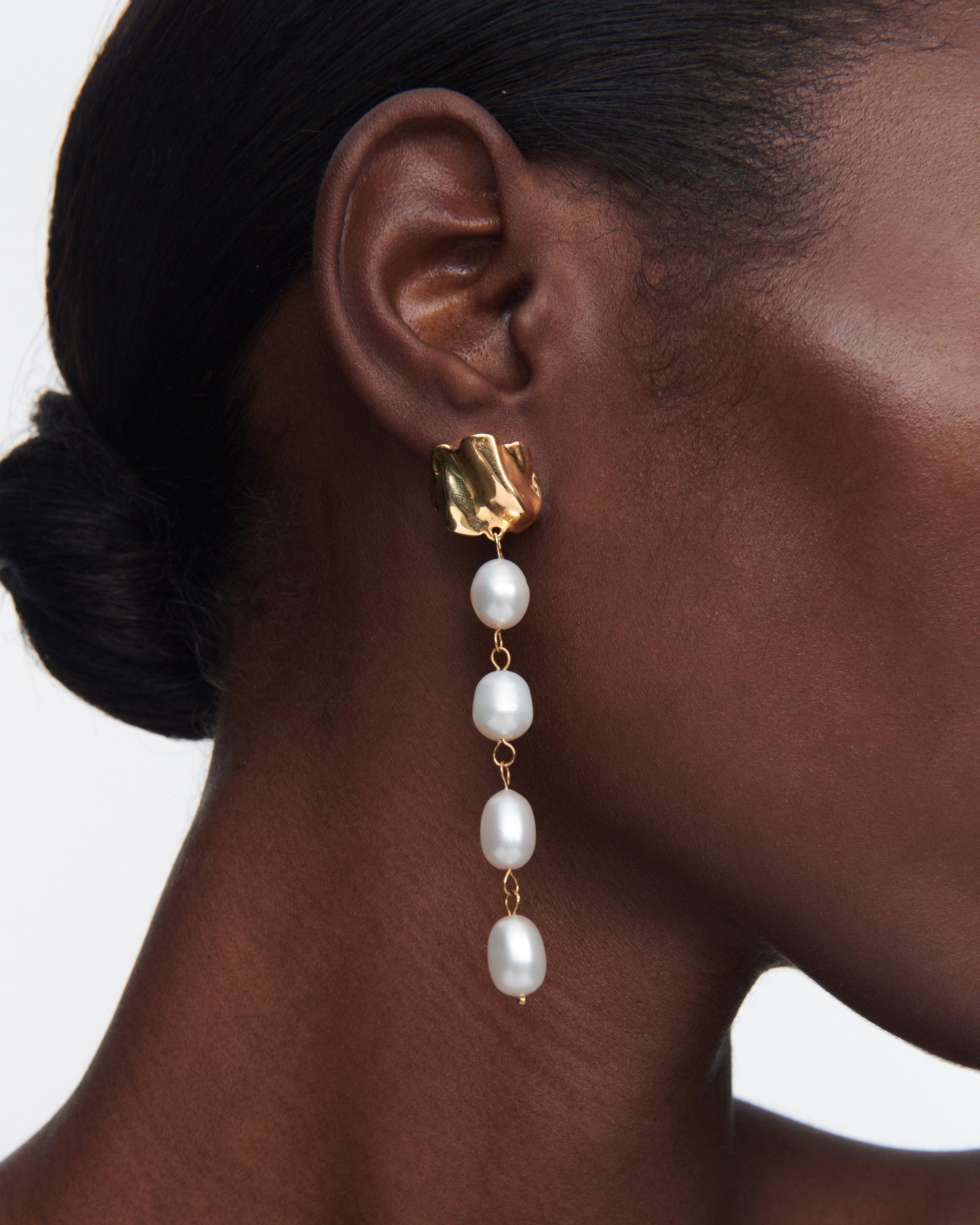 Radiant Cut 14K Gold Plated Freshwater Pearl Drip Mini Earrings by Sterling King For Sale