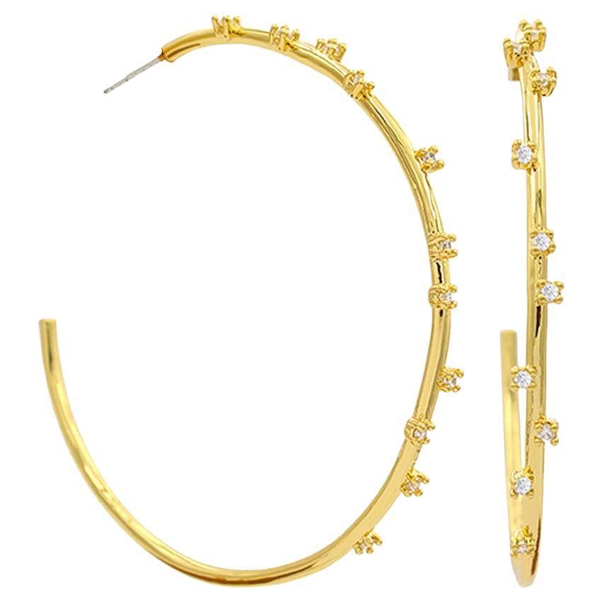 14K Gold Plated Luysa 2.55 Inch Hoop With Scattered Cubic Zirconia For Sale