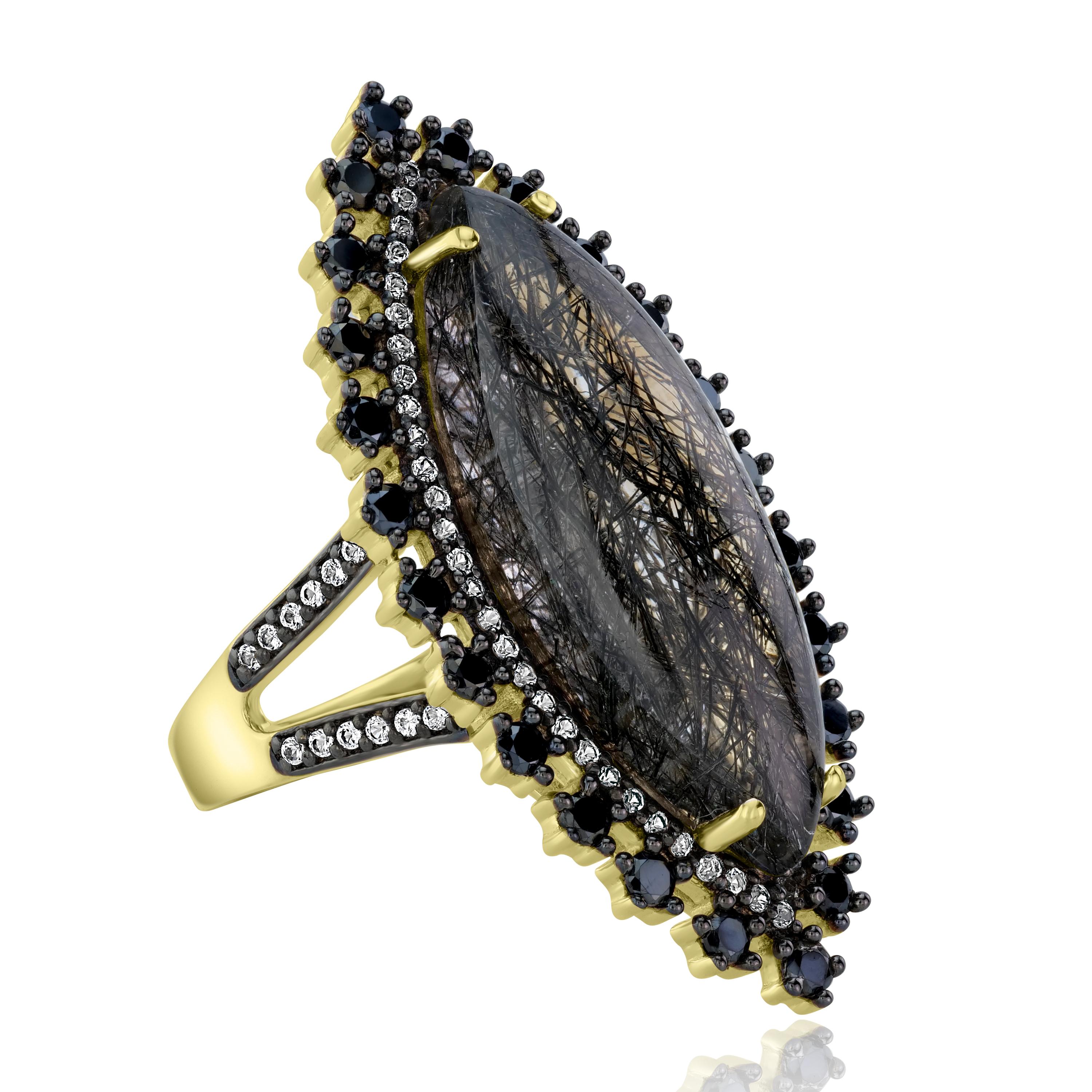 Modern 14k Gold-Plated Sterling Silver 10x28mm Marquise Black Rutile Cocktail Ring
