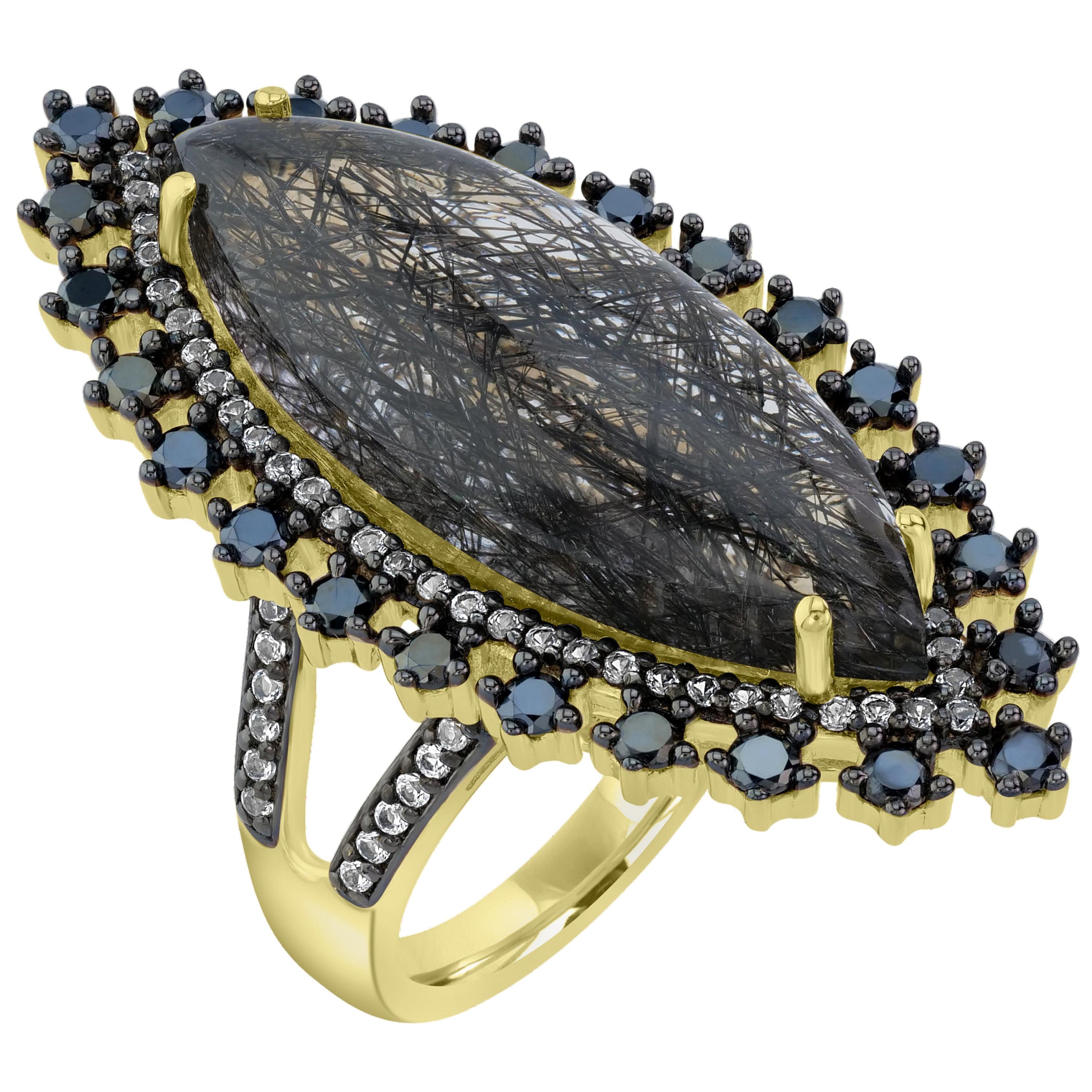 14k Gold-Plated Sterling Silver 10x28mm Marquise Black Rutile Cocktail Ring