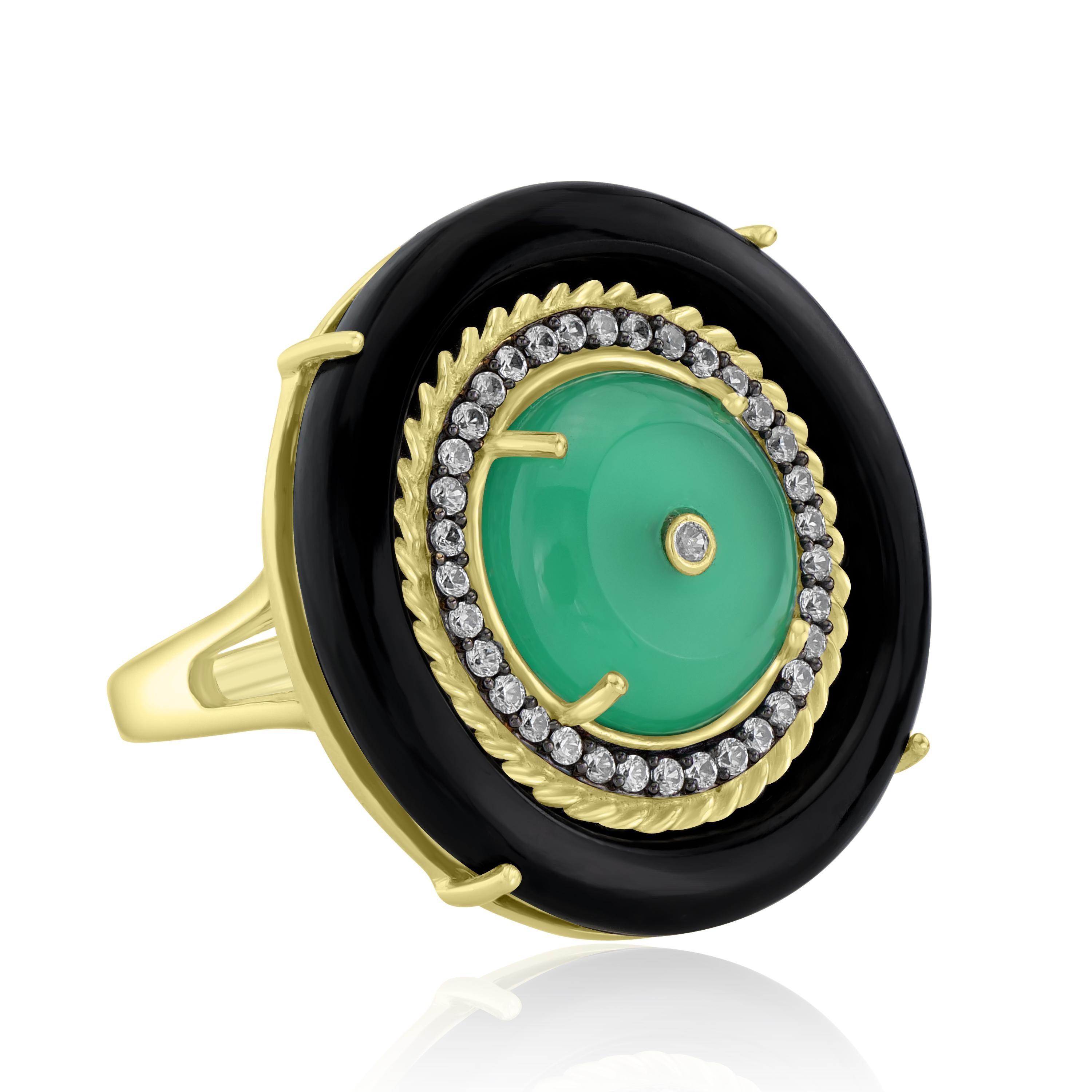 Green Onyx, Black Onyx And White Zircon Center Design Ring In 14 Karat Gold Plating Over Sterling Silver. Popular as the birthstone for the month of July, onyx is also known to be the protector from evil. This 14 Kt yellow gold plating over 925
