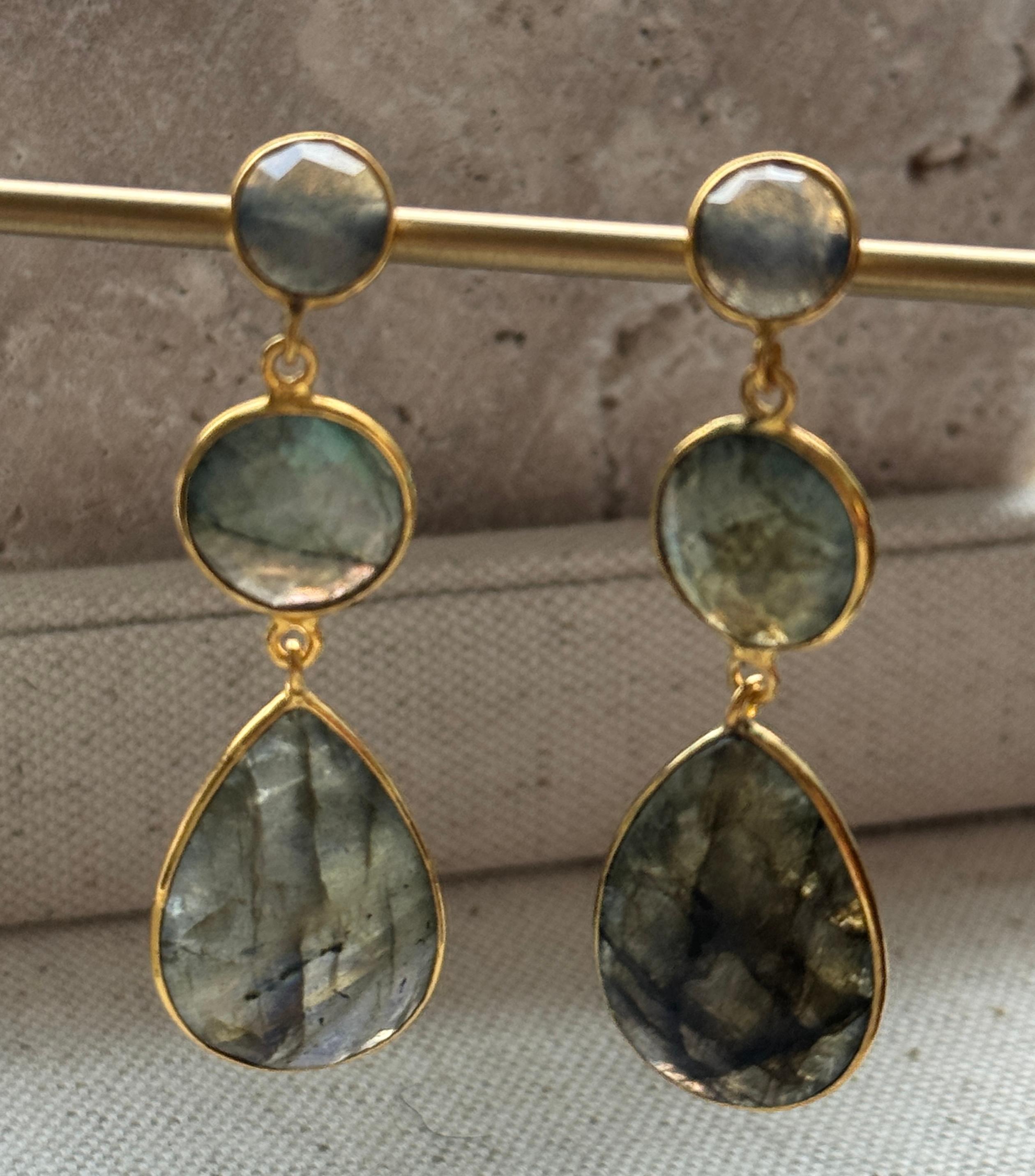 Stunning shades of peacock green and blue labradorite checkered cut earrings. These earrings were made in Jaipur and are set in 14K gold plating over sterling silver. They colors change to different shades of green, blue, turquoise and grey as they