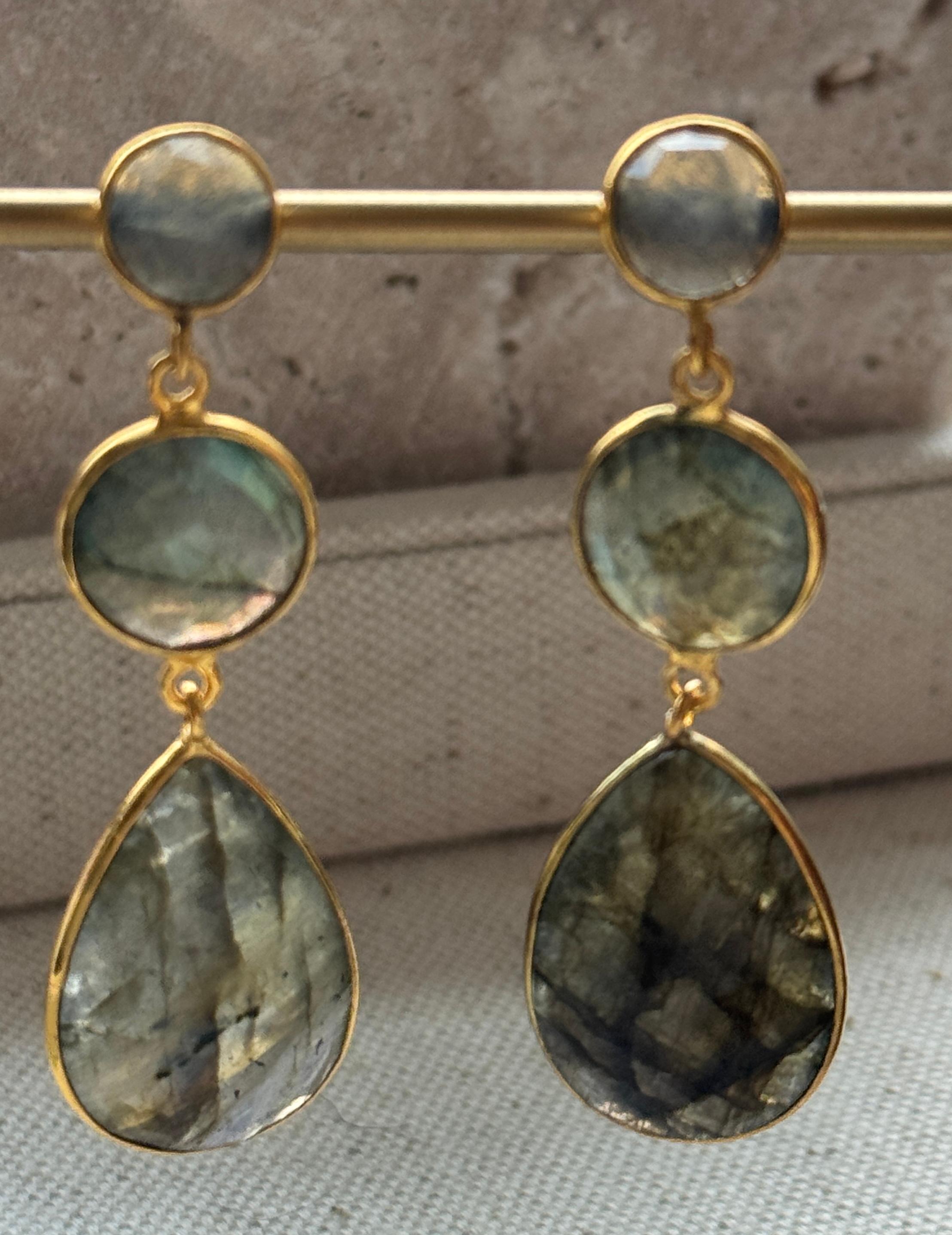 Modern 14K Gold Plated Three Stone Labradorite Dangle Earrings  For Sale
