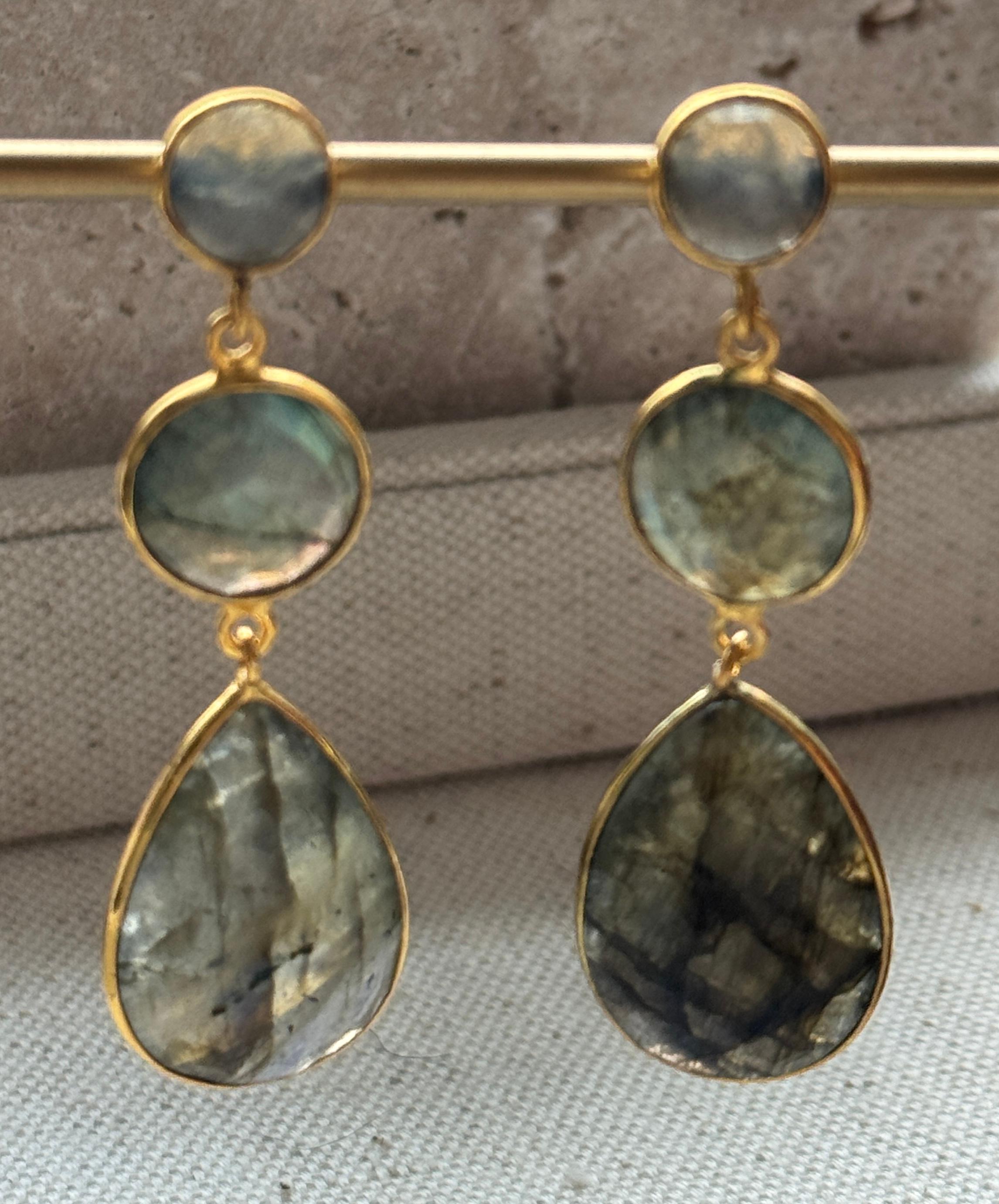 Rose Cut 14K Gold Plated Three Stone Labradorite Dangle Earrings  For Sale