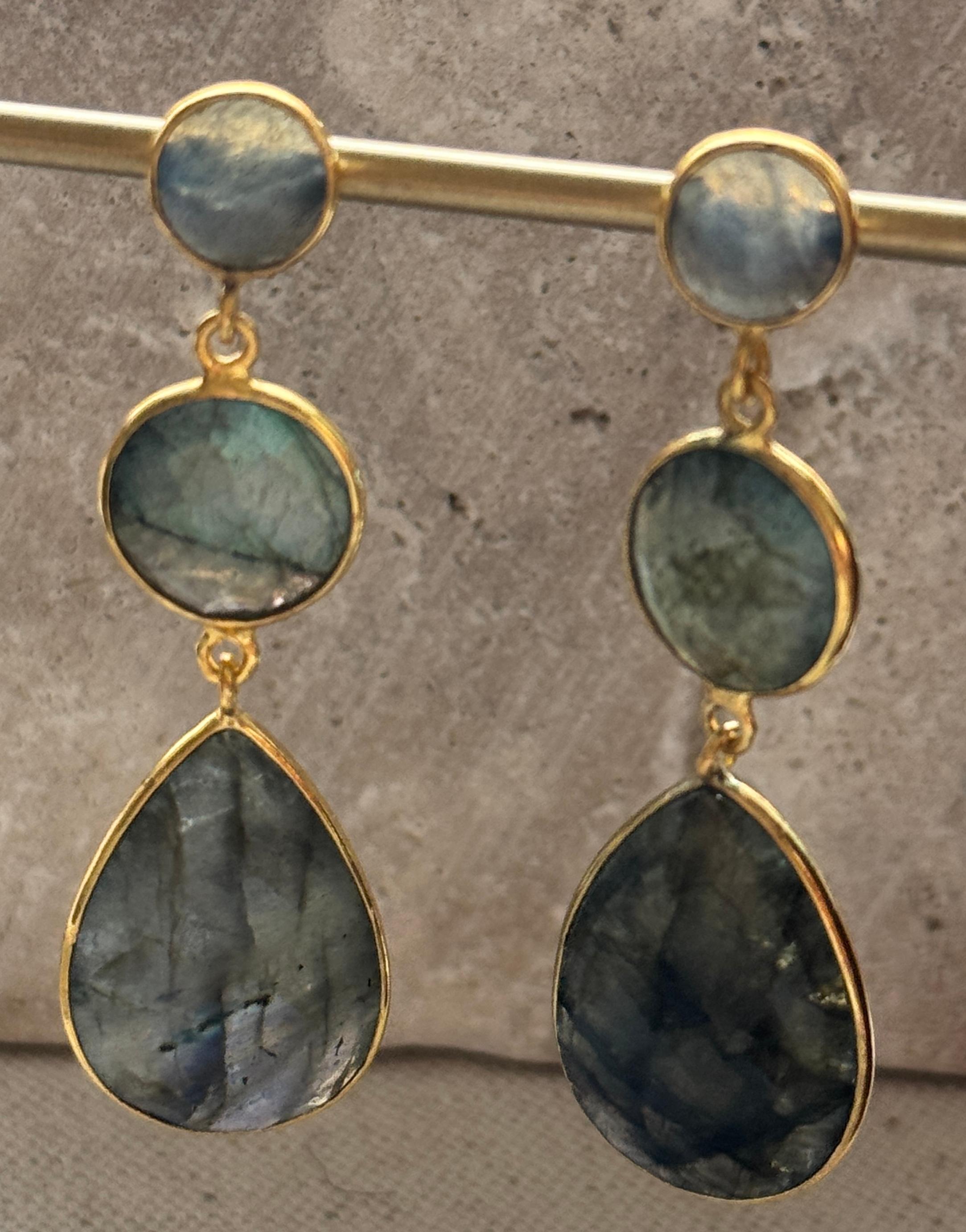 14K Gold Plated Three Stone Labradorite Dangle Earrings  In New Condition For Sale In Amagansett, NY