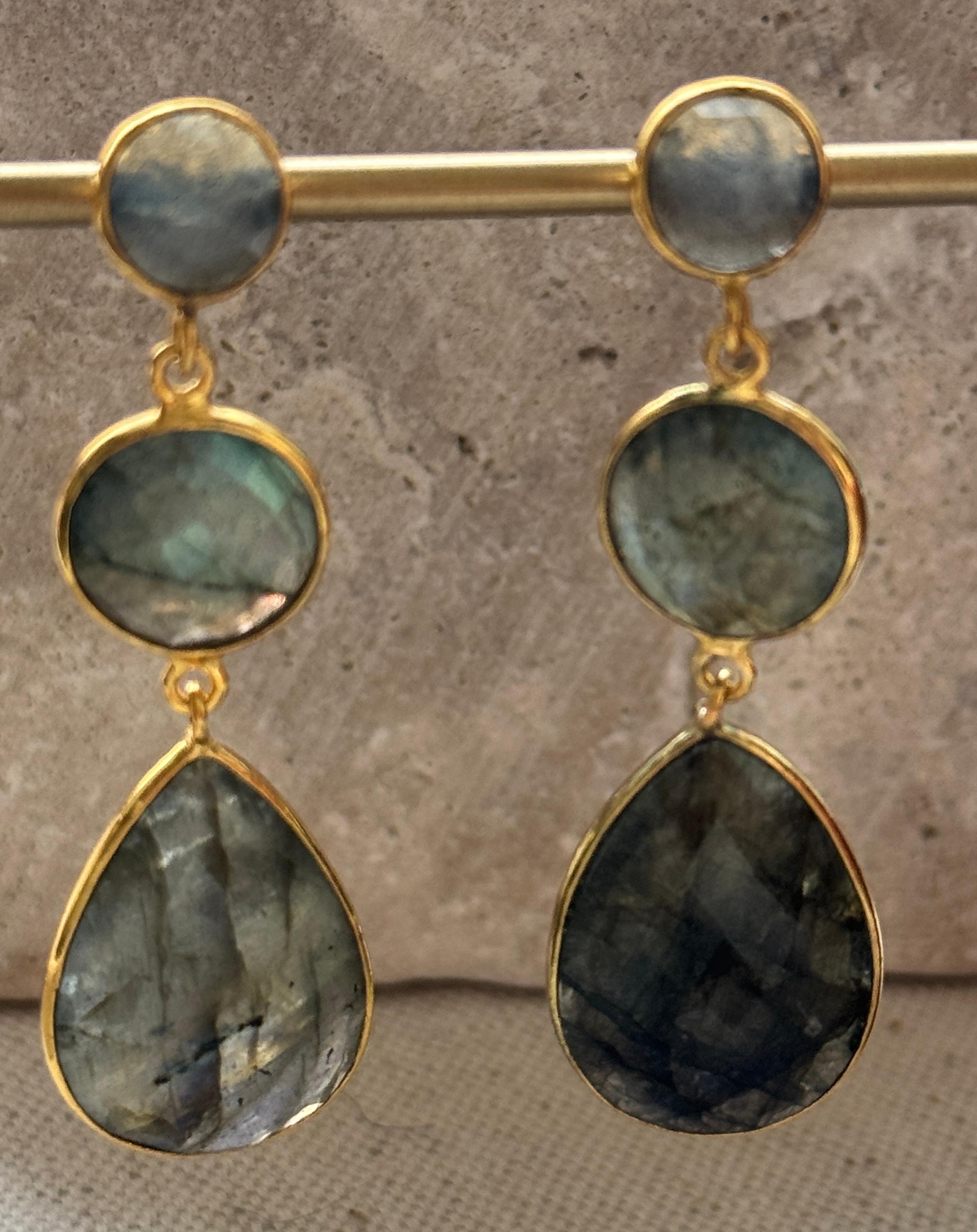 Women's 14K Gold Plated Three Stone Labradorite Dangle Earrings  For Sale