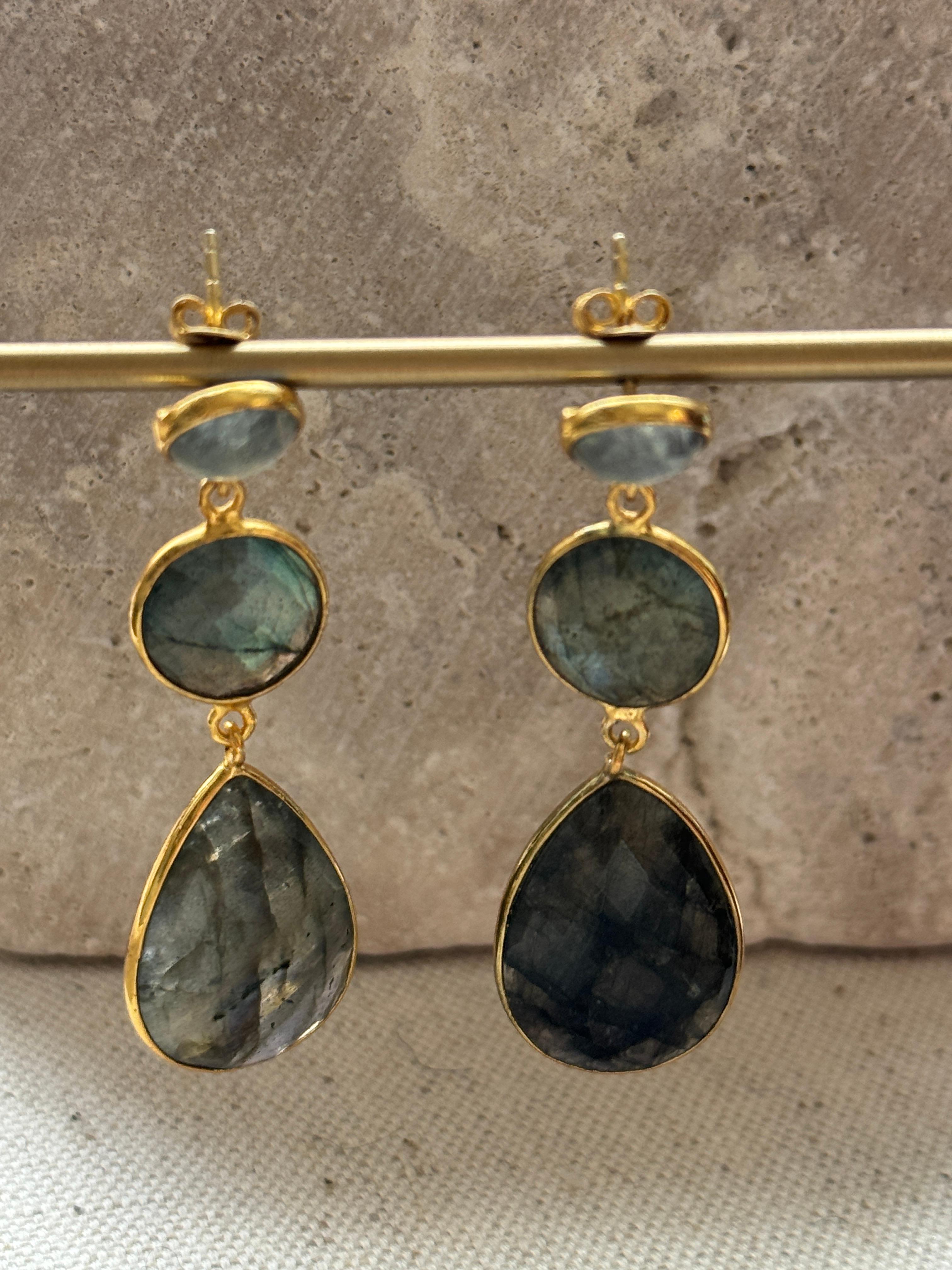 14K Gold Plated Three Stone Labradorite Dangle Earrings  For Sale 1