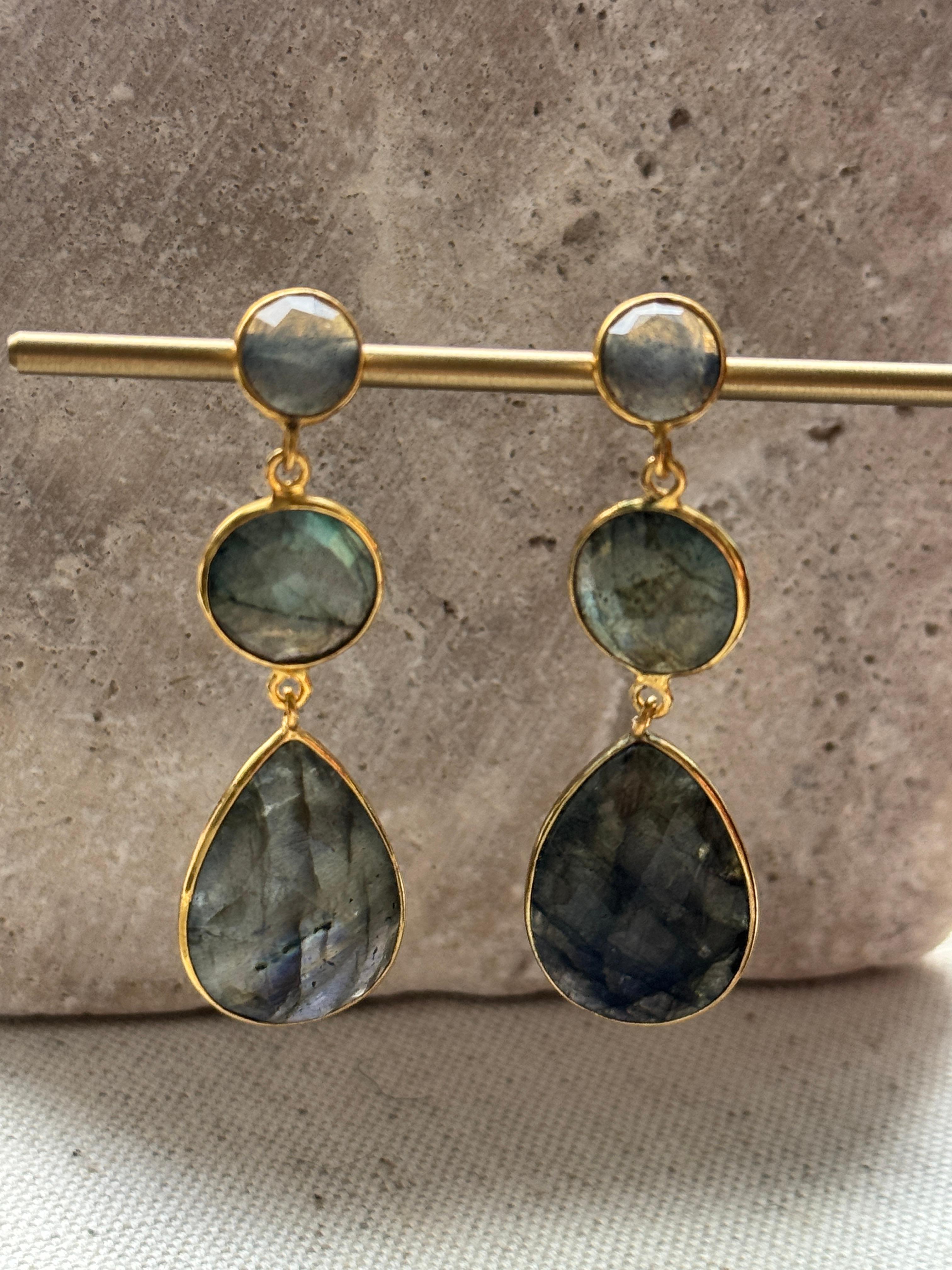 14K Gold Plated Three Stone Labradorite Dangle Earrings  For Sale 2