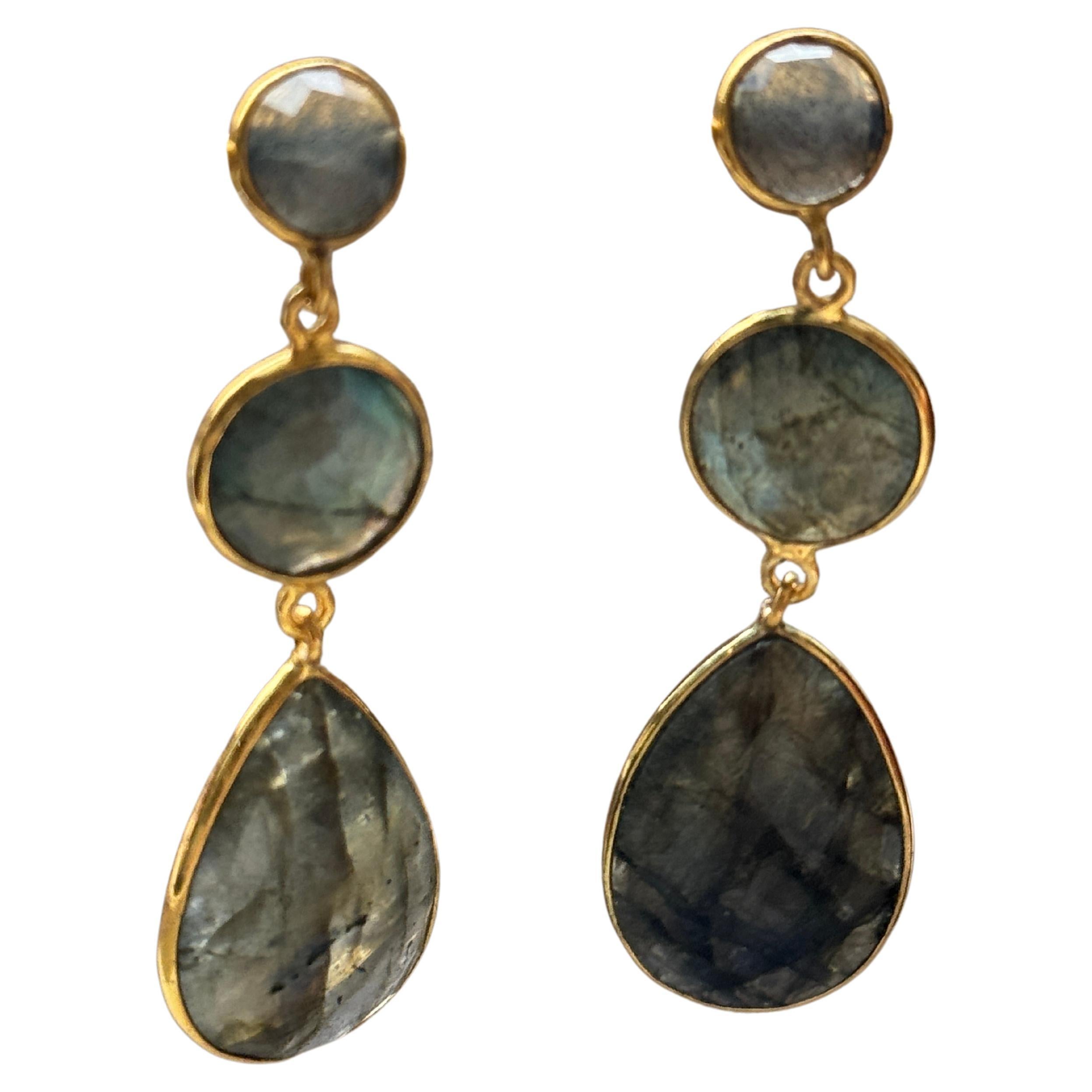 14K Gold Plated Three Stone Labradorite Dangle Earrings  For Sale