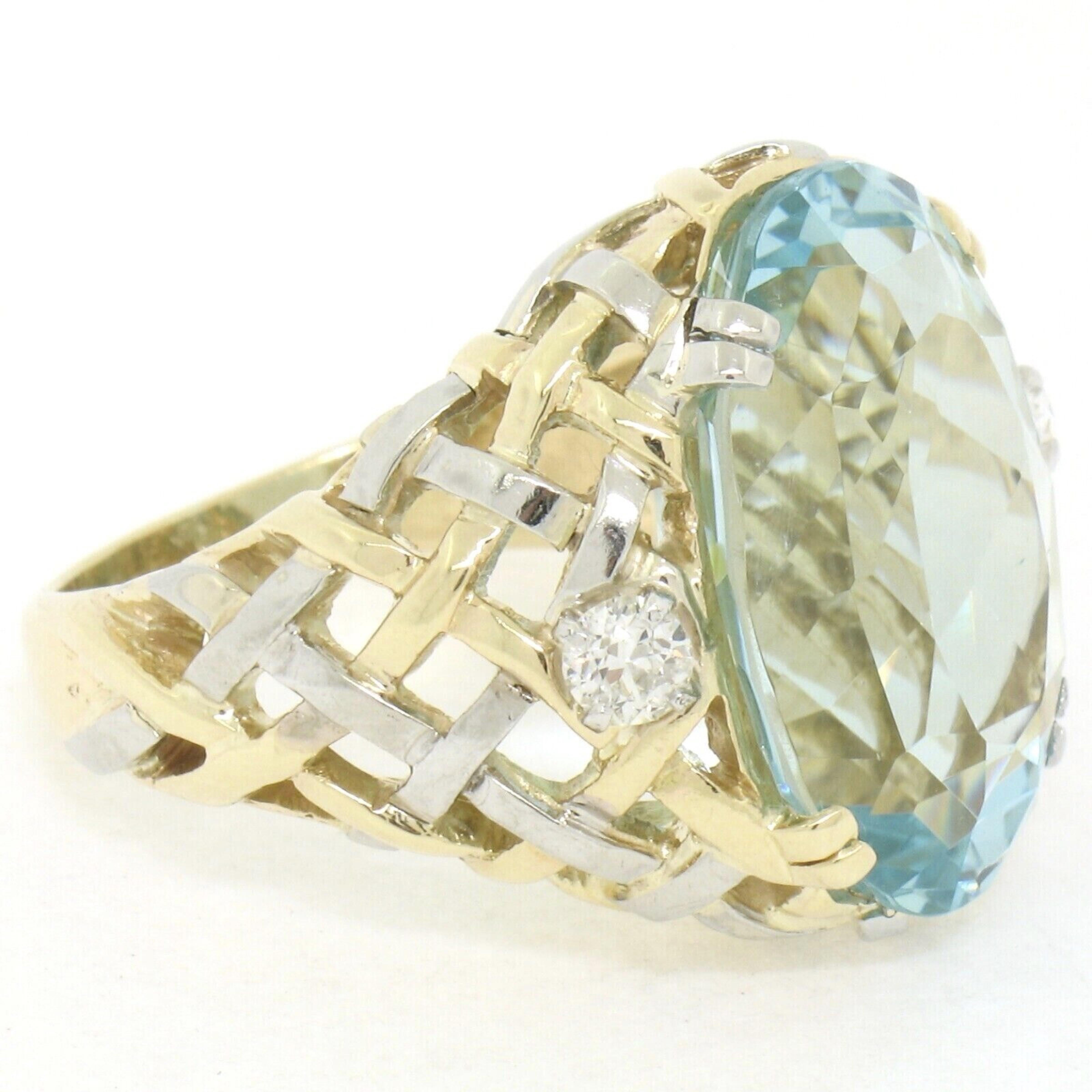 Oval Cut 14k Gold & Platinum 19.49ctw Large GIA Aquamarine & Diamond Basket Weave Ring For Sale