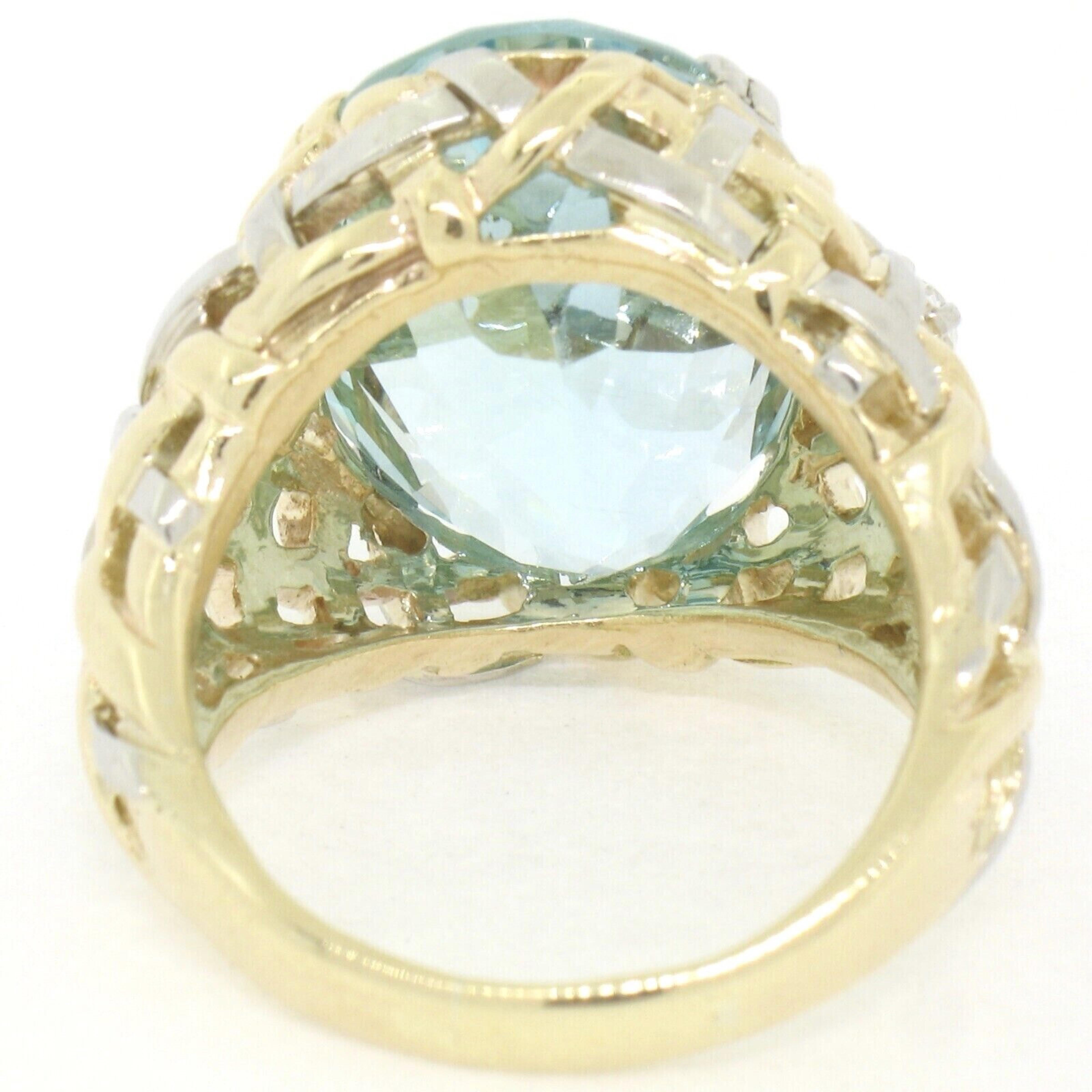 14k Gold & Platinum 19.49ctw Large GIA Aquamarine & Diamond Basket Weave Ring In Good Condition For Sale In Montclair, NJ